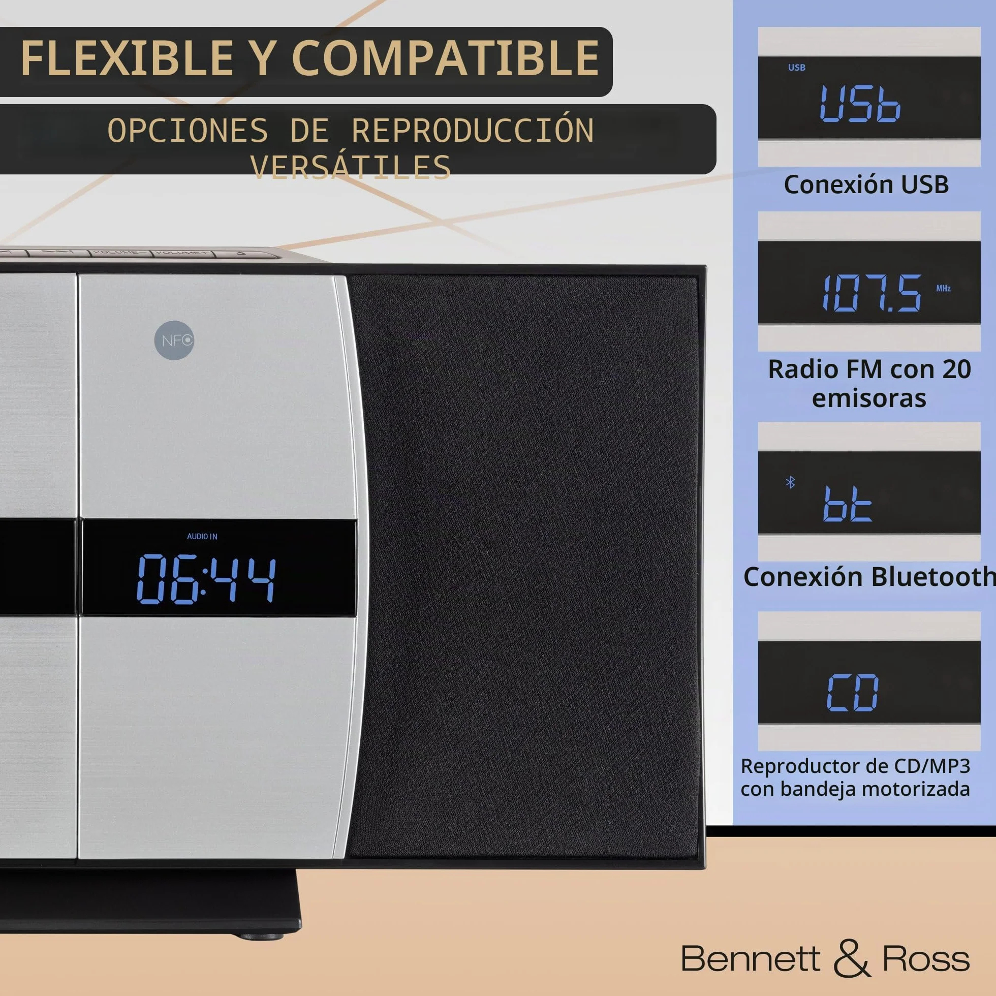 Bennett & Ross Ålesund Sistema estéreo Vertical Microsistema HiFi con Reproductor CD MP3 UKW USB Bluetooth NFC