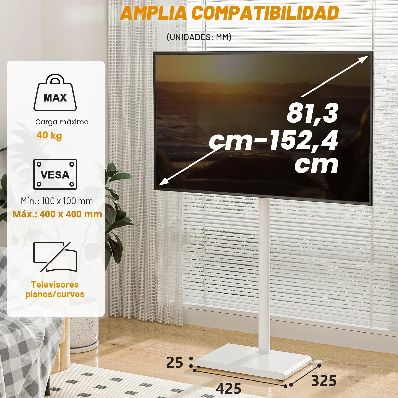 Soporte de Piso para TV TVON de 32 a 60 Pulgadas, Ajustable en Altura, Giratorio, VESA 400x400mm, 40kg