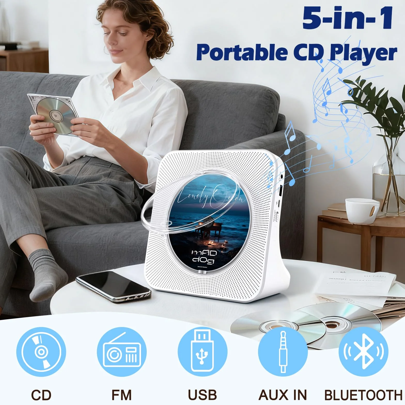 Reproductor CD Bluetooth con diseño de Escritorio, Reproductor de CD portátil con Doble Altavoces y Temporizador, Admite Entrada AUX/USB, Radio FM, Toma de Auriculares, Transmisión Bluetooth