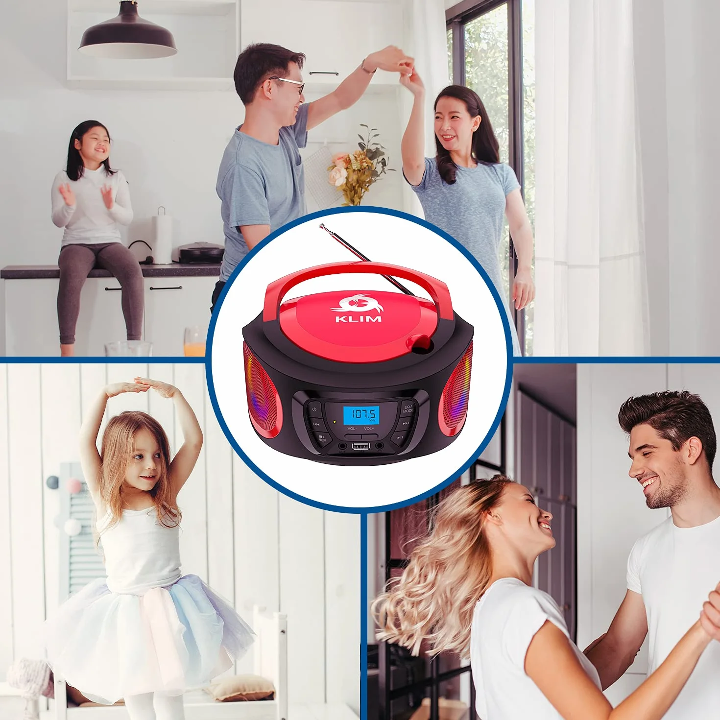 KLIM Boombox Radio CD Portátil Bluetooth MP3 USB AUX FM Reproductor Pilas Recargables Rojo