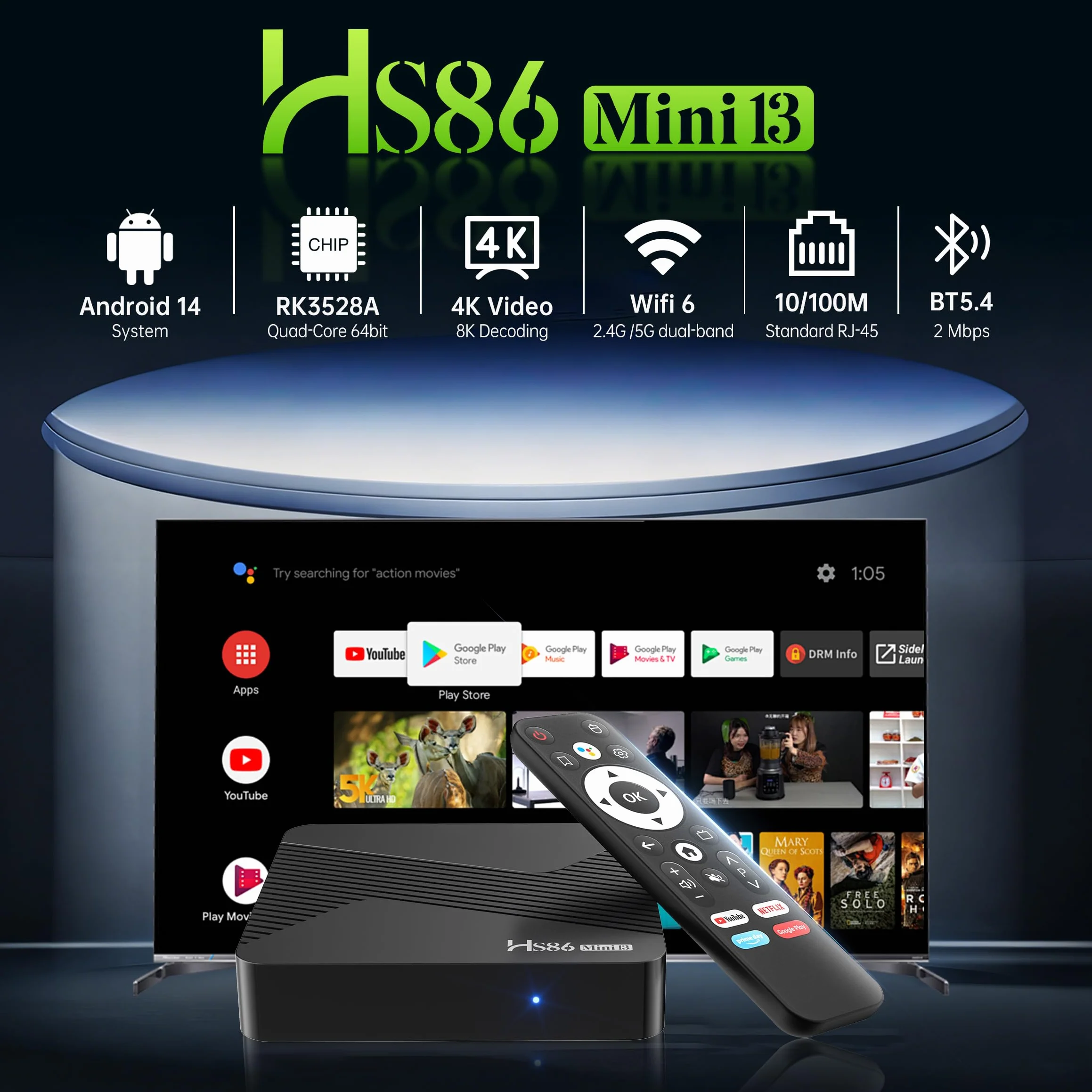 Android 14.0 TV Box, con procesador RK3528A de Cuatro núcleos, 4 GB de RAM y 32 GB de ROM, Compatible con 4K Ultra HD, Wi-Fi 6 de Doble Banda 2,4 GHz/5 GHz y Bluetooth 5.4 Smart TV Box