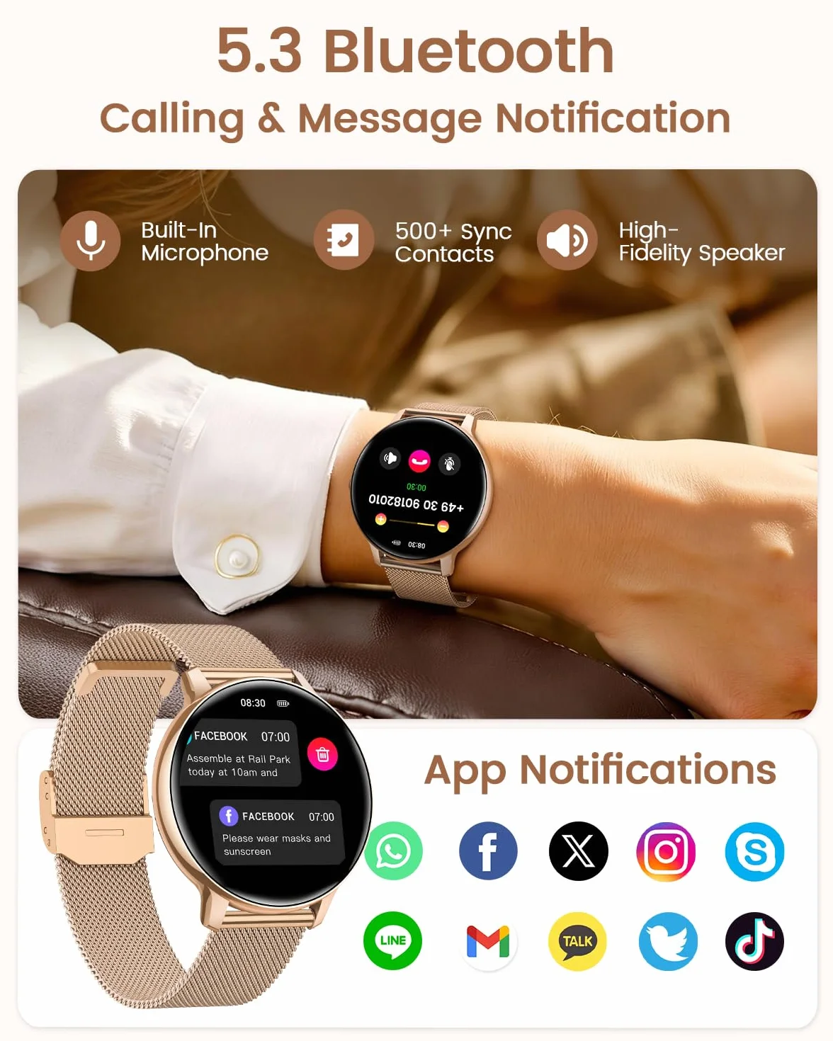 Reloj Inteligente Mujer, 1.39" HD Smartwatch Mujer con Llamadas/24H Sueño/Pulsómetro/SpO2, Función Femenina 120+ Modos Deportivos IP68 Pulsera Actividad Calorías Podómetro Android iOS Oro Rosa, Regalo