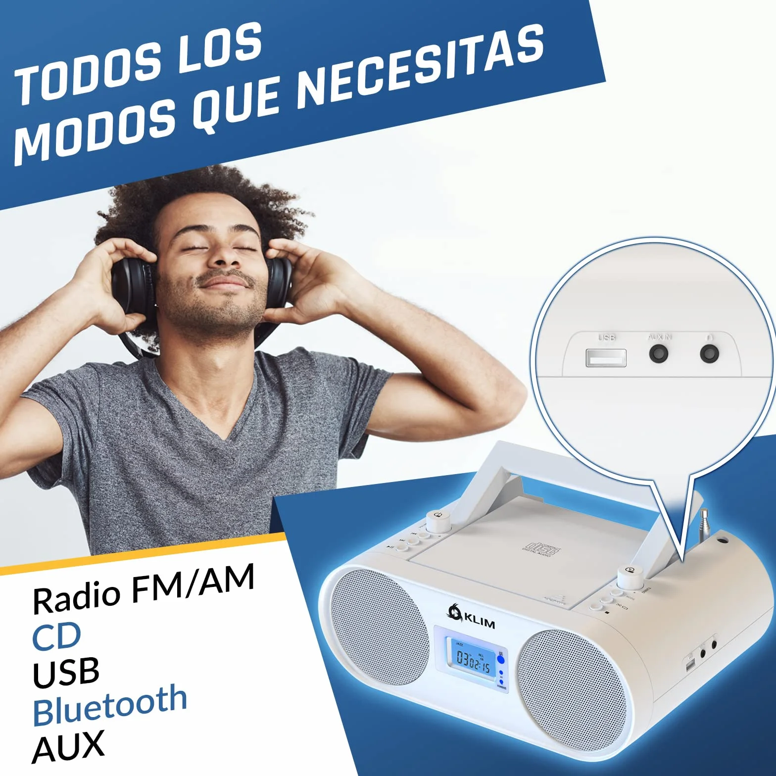 KLIM Boombox B4 Reproductor CD Portátil Radio FM Bluetooth MP3 AUX USB Batería Recargable Blanco