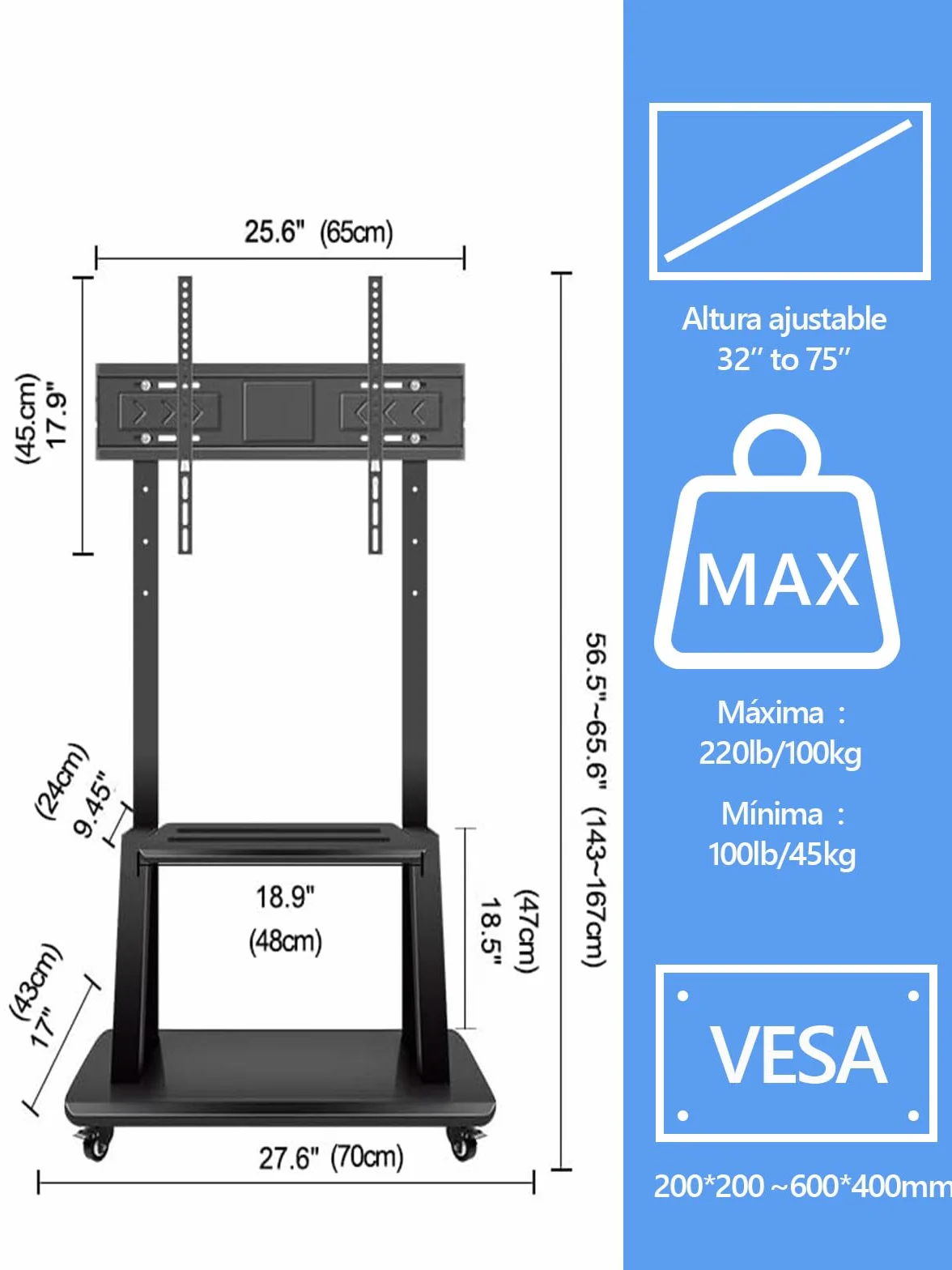 Hellsehen - Soporte para TV móvil, carrito de TV con ruedas regulable en altura, soporte de suelo resistente para pantallas planas LCD LED OLED de 32 a 190,5 cm, pizarra inteligente móvil, capacidad