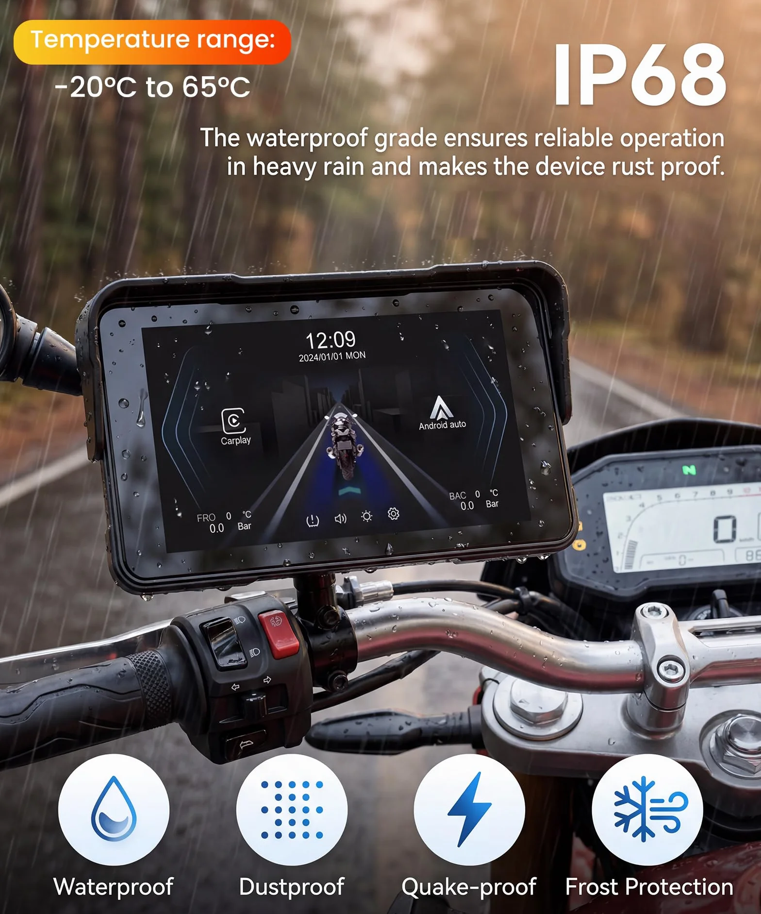 Rimoody 5 Pulgadas Carplay Pantalla para Moto con Control en el Manillar Soporte Desmontable, Pantalla CarPlay & Android Auto Inalámbrica para Motos, Radio Car Play Wireless Bluetooth Impermeable IP68