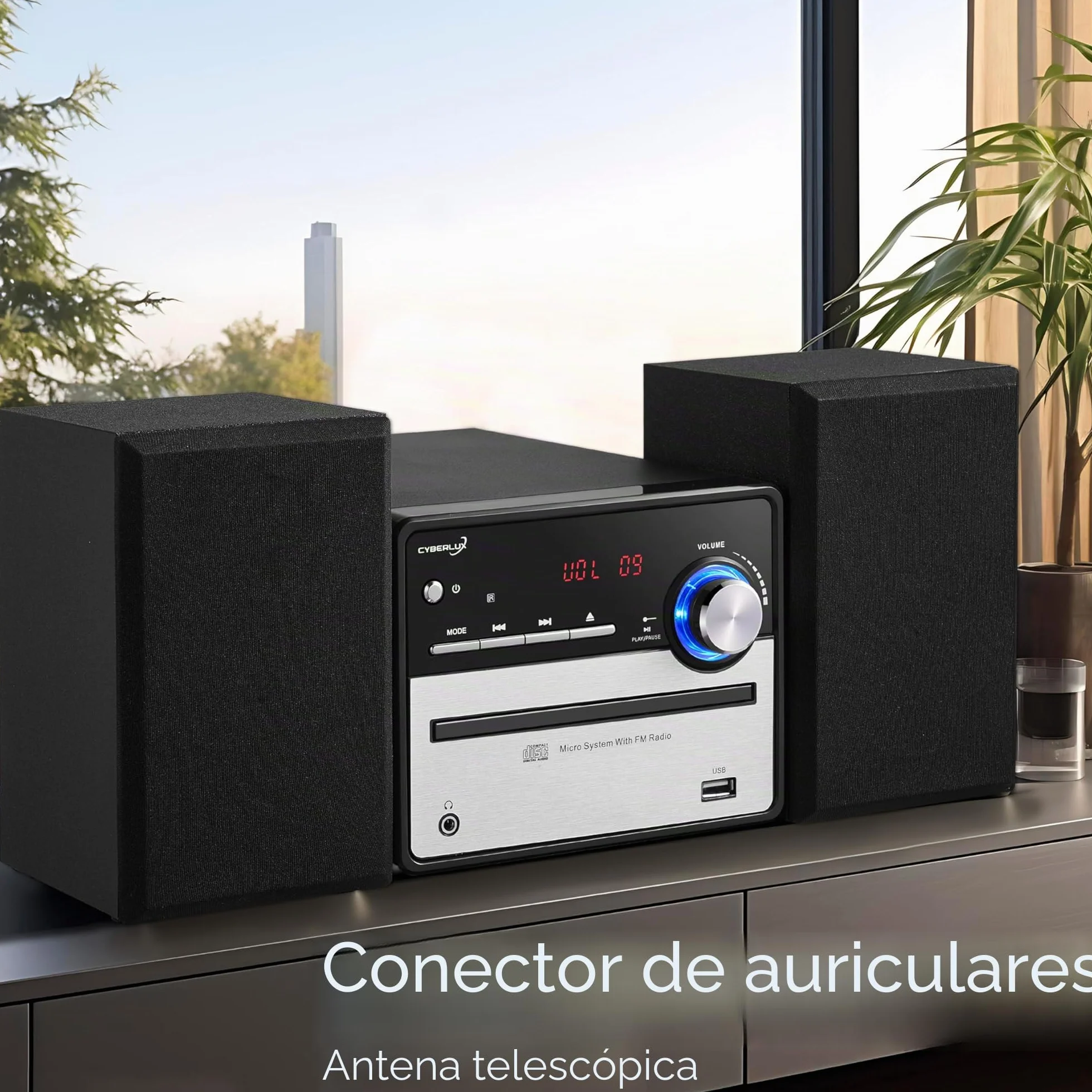 Sistema de música retro Hi-Fi, estéreo, compacto, USB, salida de línea, CD/MP3, radio FM, 30 plazas de memoria, pantalla LED, mini HiFi, estéreo con cajas