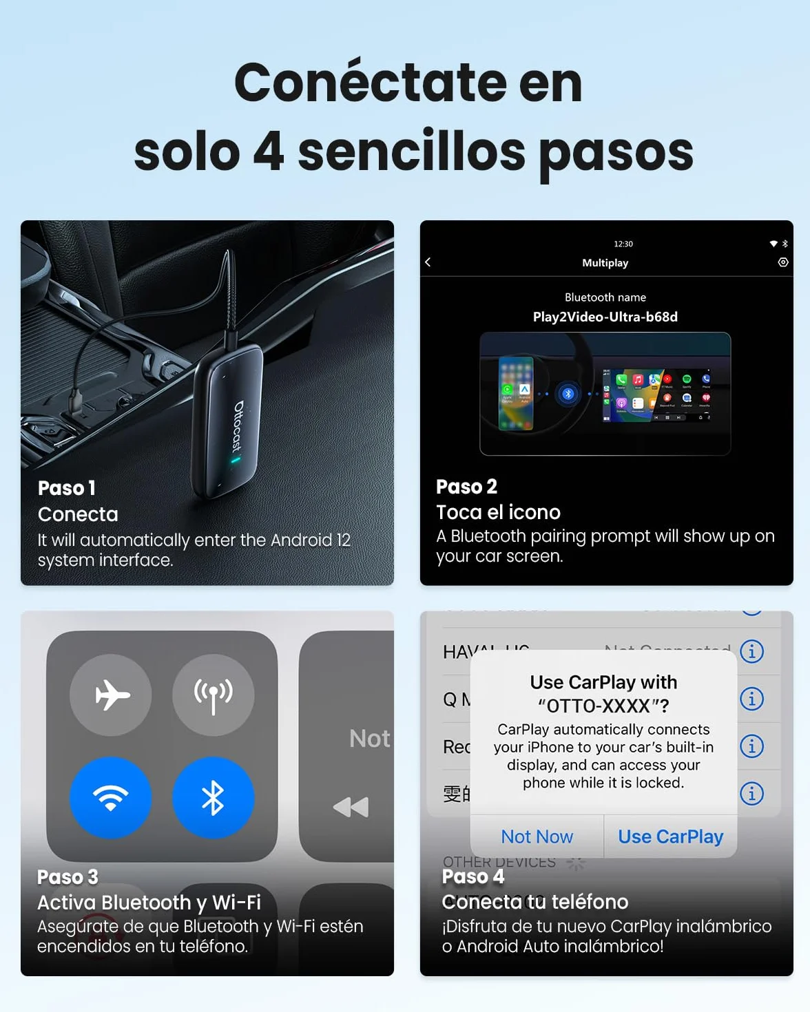 OTTOCAST Play2Video Ultra, 3 en 1 Caja AI para Netflix/Youtube/Prime Video, Adaptador CarPlay inalámbrico y Android Auto con USB, Wi-Fi Dual Band, Bluetooth 5.4, Baja Latencia, 4GB+32GB, Plug & Play