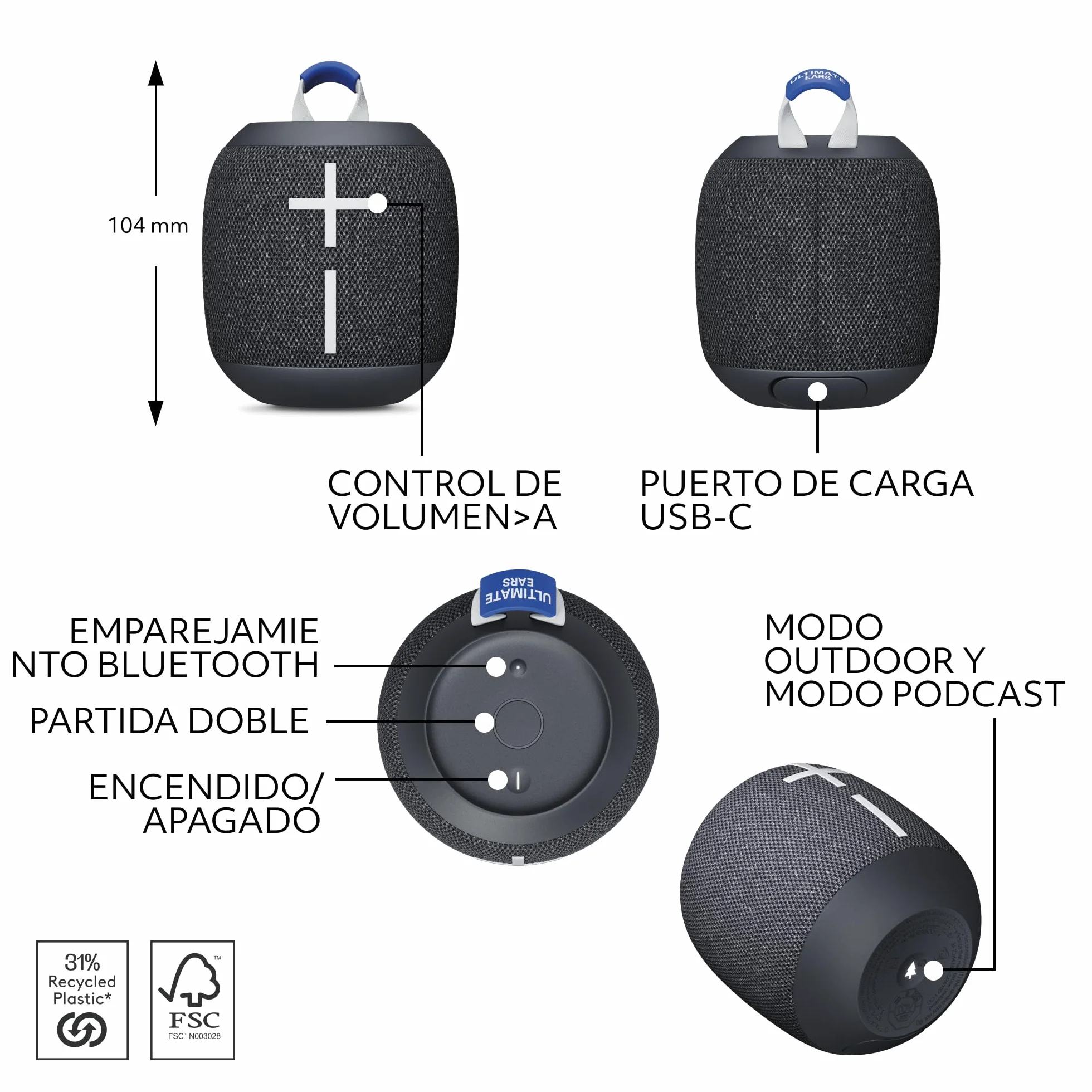 Ultimate Ears Wonderboom 4 Altavoz Bluetooth portátil Resistente al Agua Sonido 360° Flotante Prueba Polvo 40m Negro