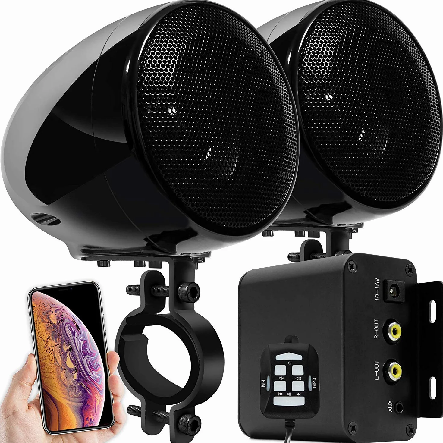M150 Sistema de Audio con Amplificador de Moto con AUX, MP3, Radio FM, 4 Pulgadas de Altavoces estéreo Bluetooth Impermeables para Motocicletas ATV UTV RZR (Negro, Red)