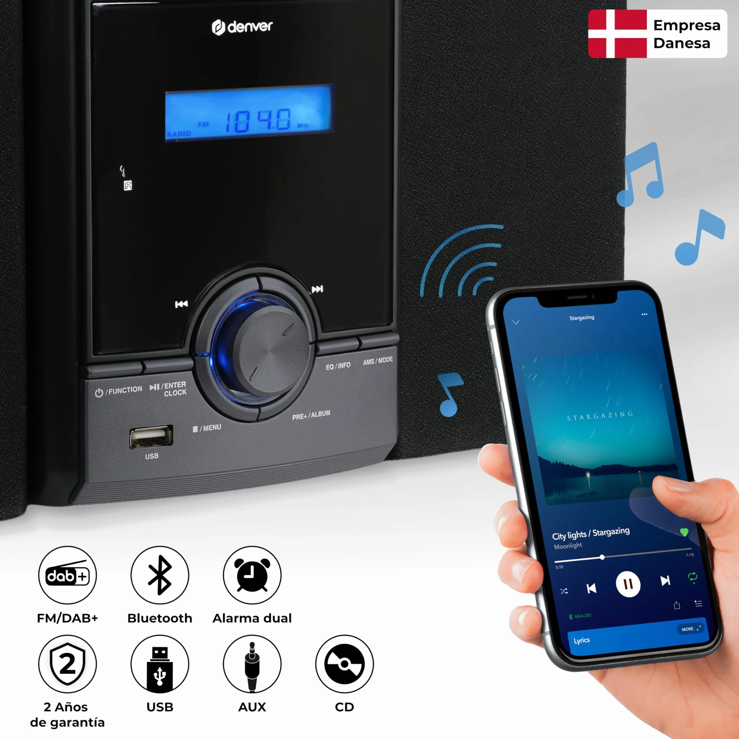 Denver MDA-285 Microcadena Dab/FM con CD, Bluetooth, USB MP3, AUX, Auriculares, Doble Alarma, 2 x 5 W RMS