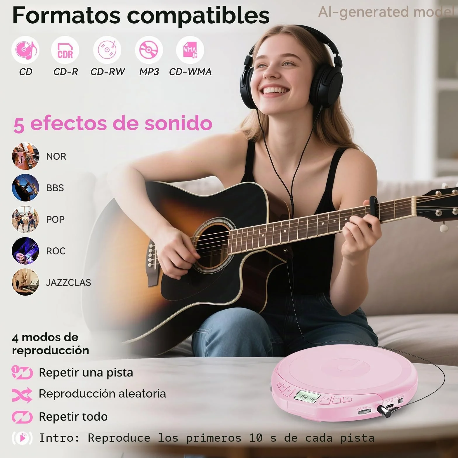 Gueray Reproductor de CD Portátil con Pantalla LCD Protección Anti-Saltos HiFi Rosa