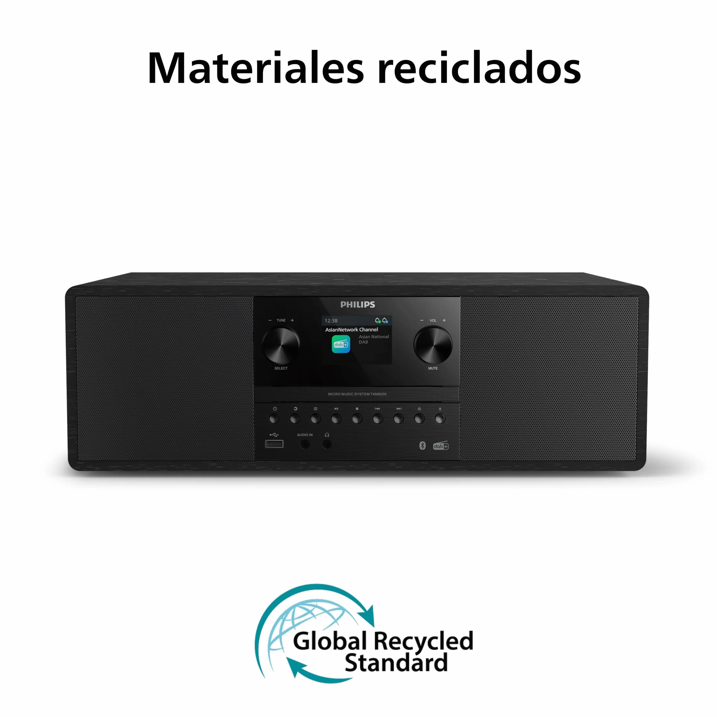 Philips TAM6500/10 Sistema de música Micro 100 vatios, Bluetooth 6.0, Auracast, Radio Dab+/FM, CD/USB/Entrada Audio, Altavoces Bass‑Reflex, Pantalla Color, Mando Distancia, Plástico Reciclado – Negro