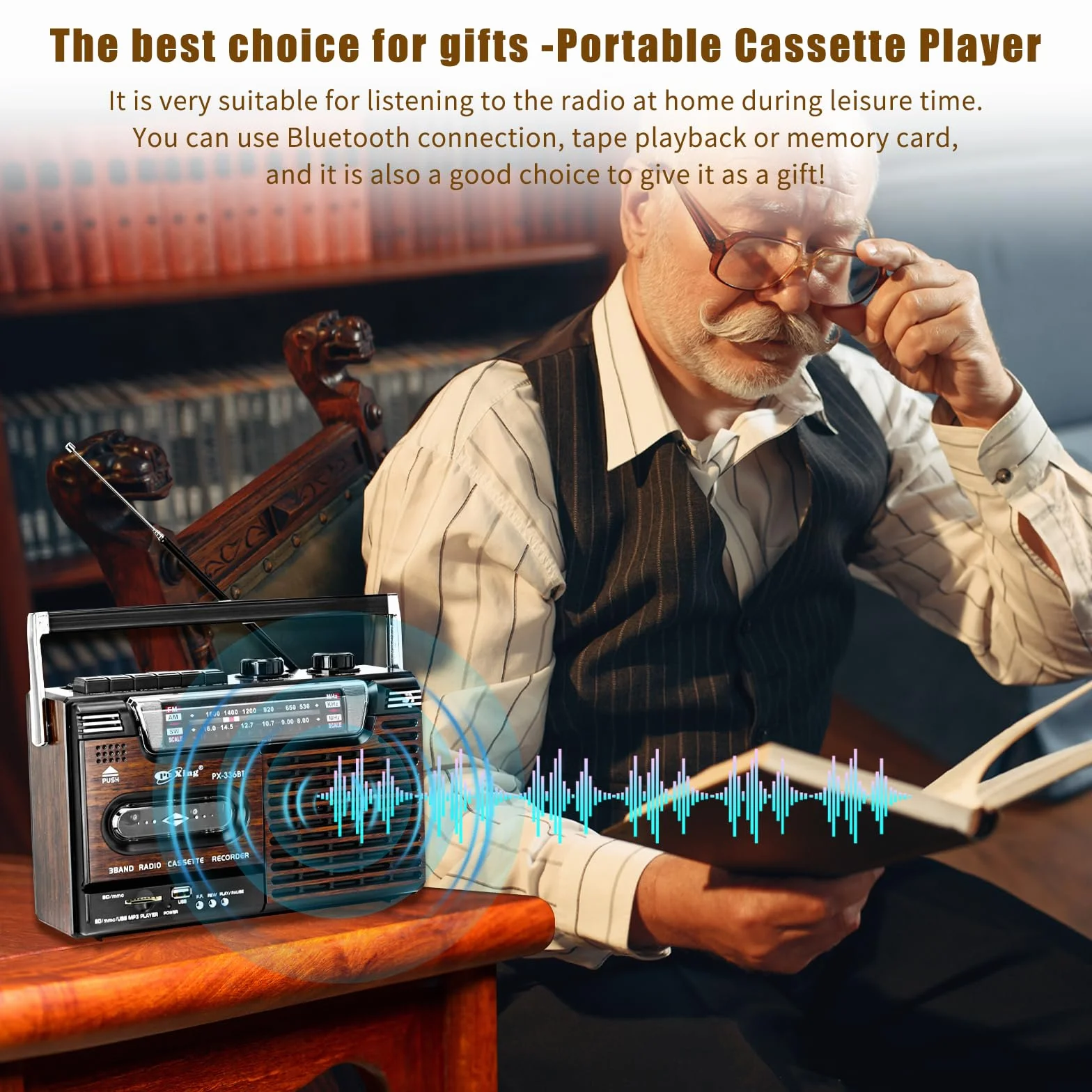 Reproductor de Cinta Portátil Retro Boombox con Radio AM/FM/SW y USB SD MMC Altavoces Incorporados (Grano de Madera)