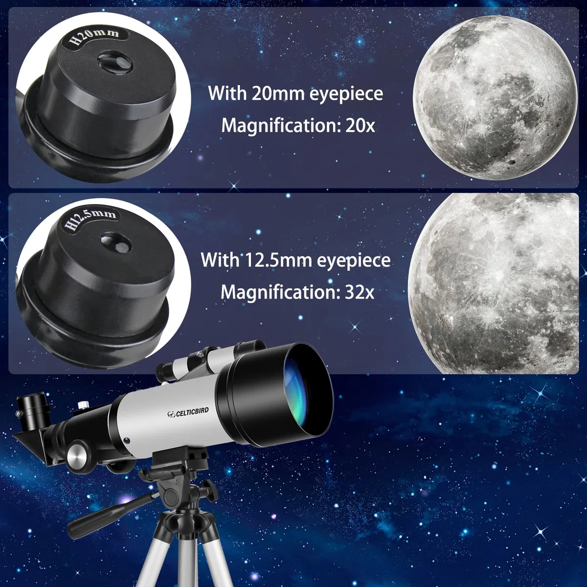 CelticBird Telescopio de 70 mm de Apertura de 400 mm – Telescopio de refracción astronómica para Adultos y Principiantes (70400 Gris)