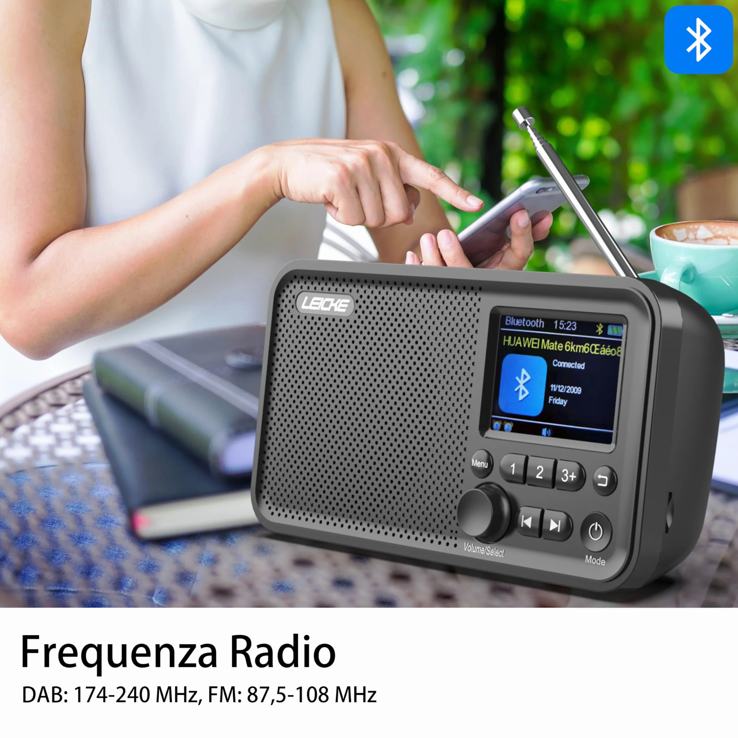 LEICKE Radio portátil Dab+ Bluetooth 5.0 FM Pantalla 2,4 Pulgadas Cocina Cable batería 4000 mAh MicroSD Alarma