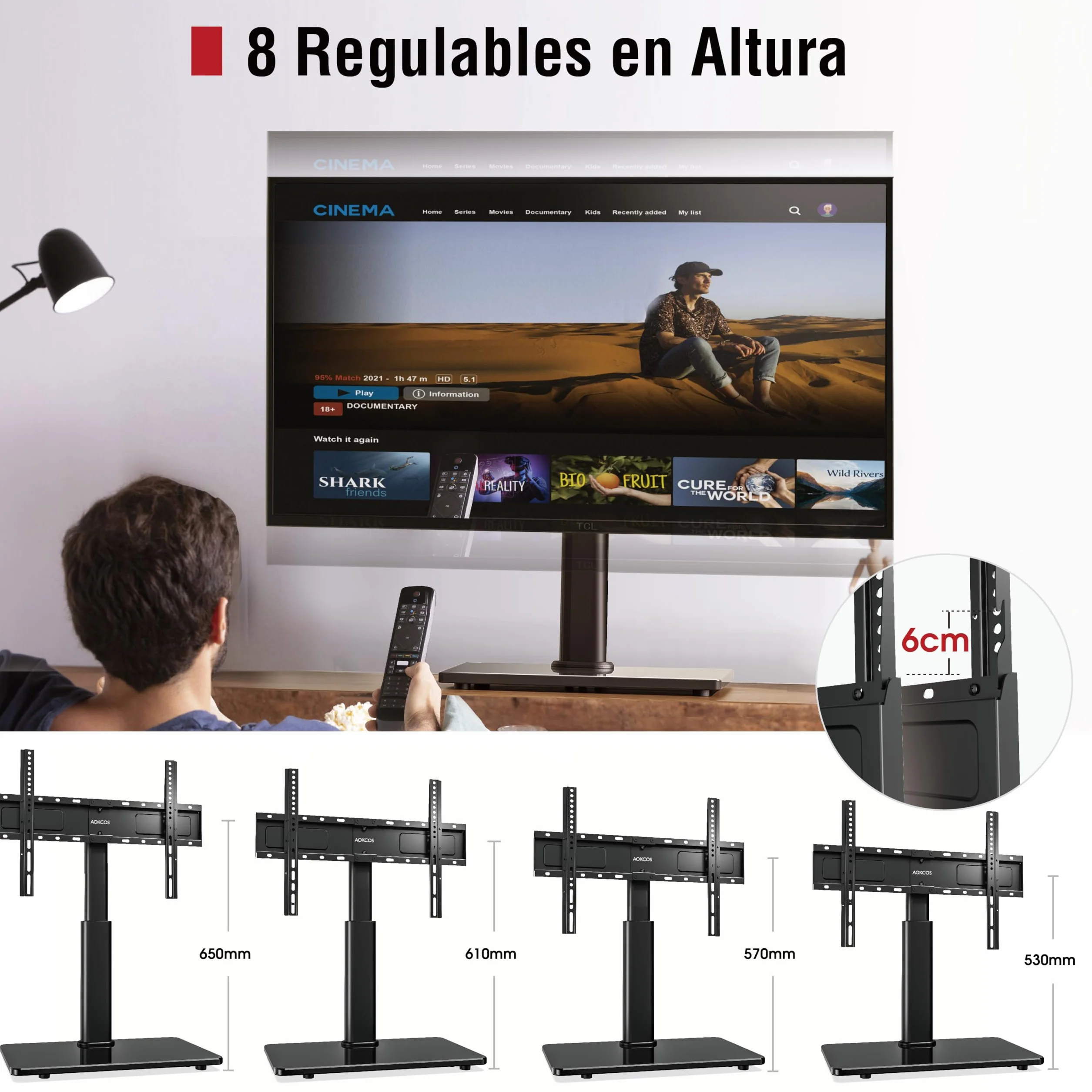 AOKCOS Soporte de TV para TV de 32-75 Pulgadas, Inclinable Giratorio Altura Ajustable, Máx VESA 600x400 mm 45KG