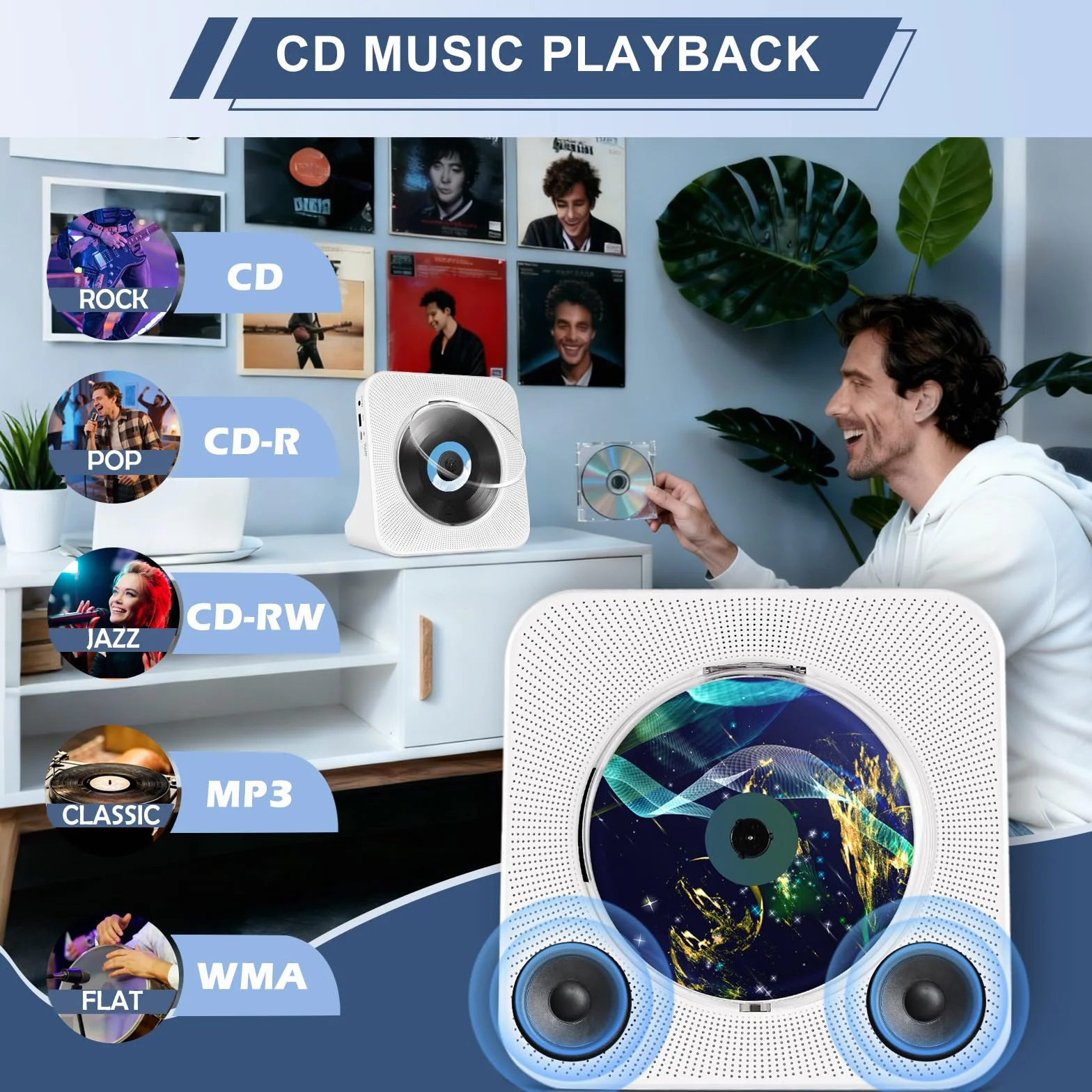 Reproductor CD Bluetooth con diseño de Escritorio, Reproductor de CD portátil con Doble Altavoces y Temporizador, Admite Entrada AUX/USB, Radio FM, Toma de Auriculares, Transmisión Bluetooth