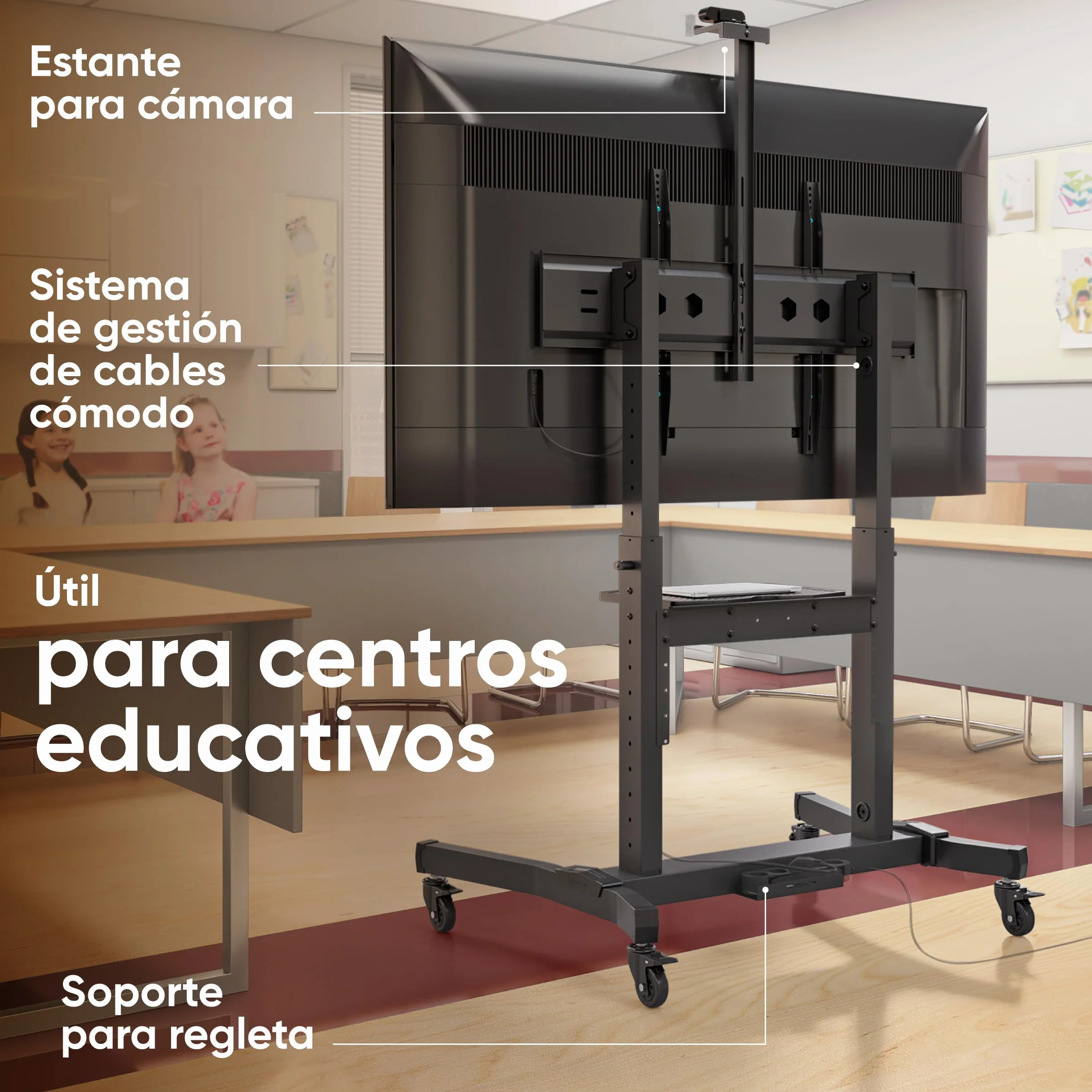 ONKRON Soporte TV Ruedas 50-100 Pulgadas, Carga Total 130 kg, VESA 200x200-1000x600 mm, Pie para Television Inclinable, con Altura Ajustable, Soporte TV Pie Móvil, con Estante, Negro TS1991-B