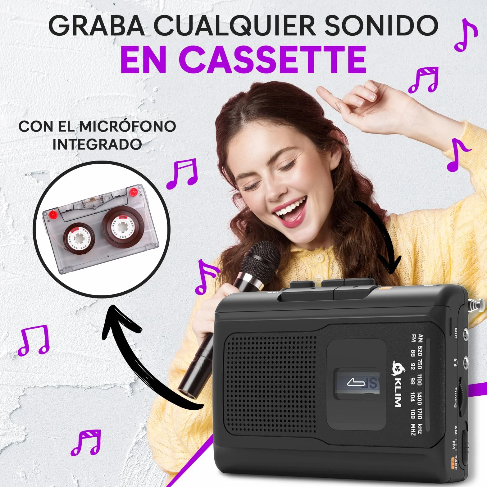 KLIM K8 Reproductor Cassette Auriculares Fusion Radio AM/FM Micrófono Altavoz Integrados