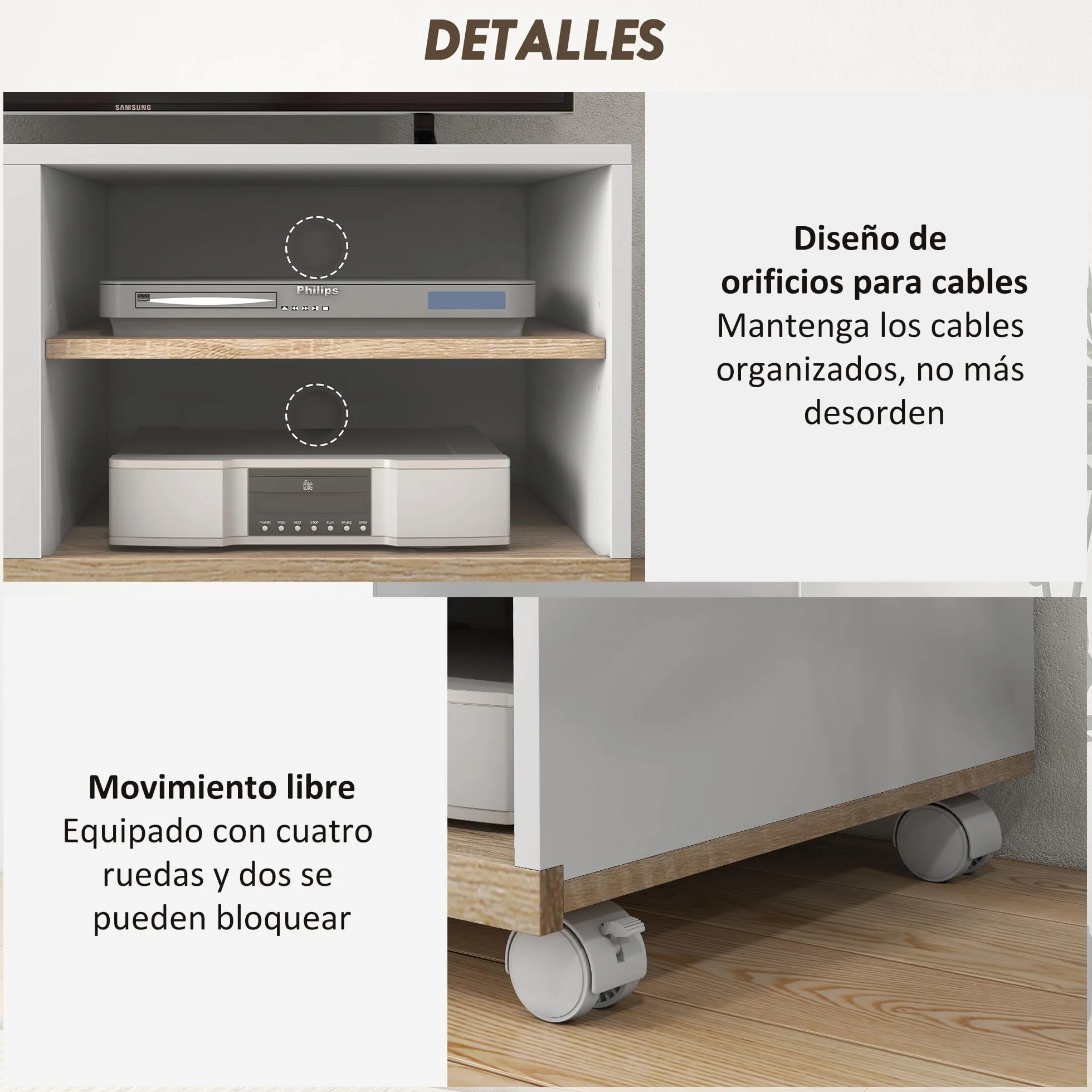 HOMCOM Mueble TV de Salón Moderno con Ruedas Mesa para Televisores de 42 Pulgadas Módulo TV con 1 Puerta y 2 Estantes de Almacenamiento 80x45x41 cm Blanco