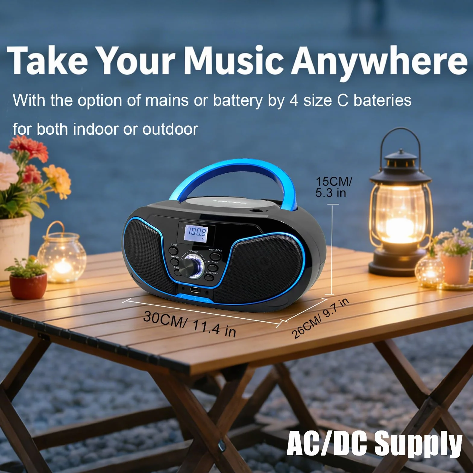 LONPOO Reproductor de CD portátil Boombox estéreo con Radio FM Bluetooth USB AUX Compacto CA o batería