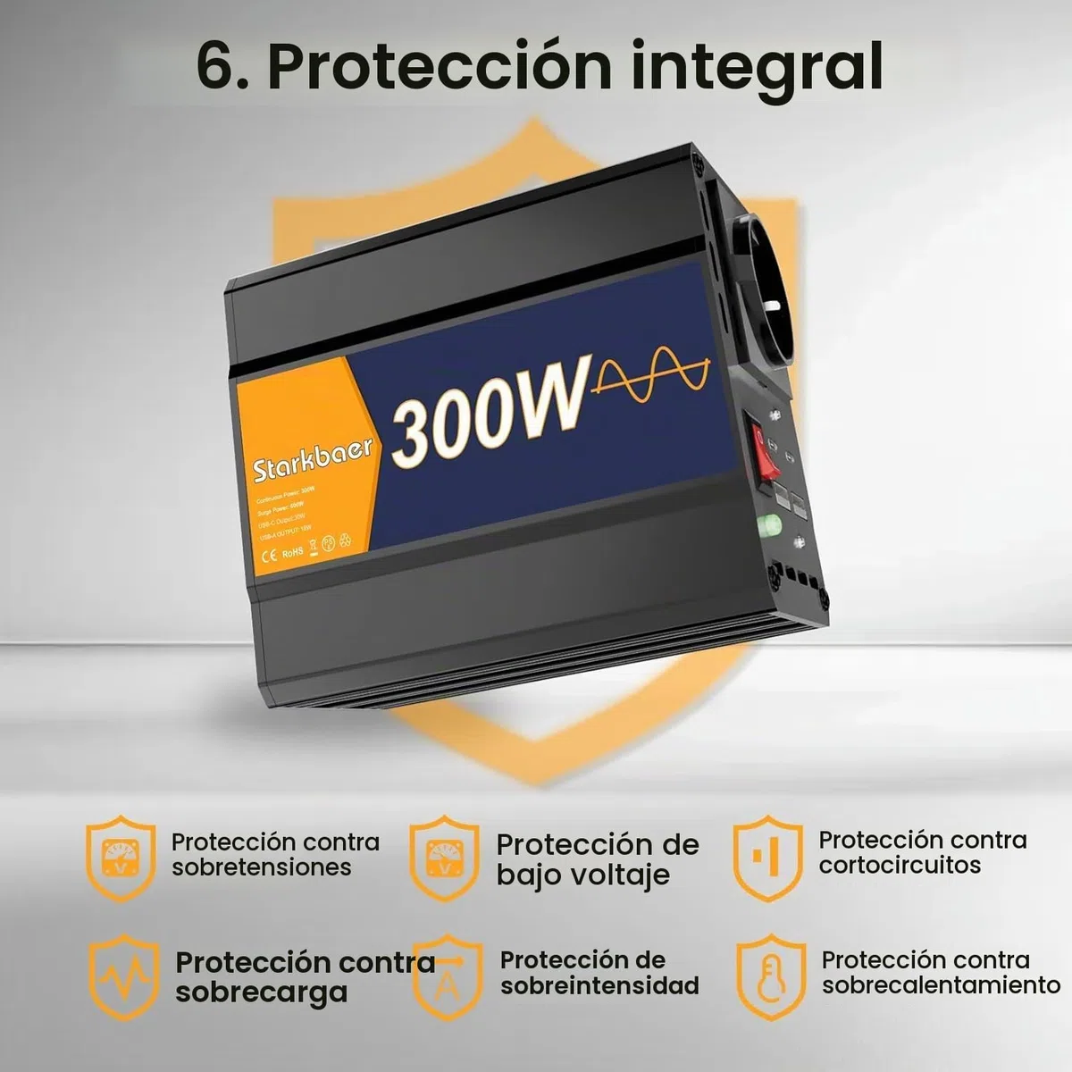 300W/600W Inversor 12V 220V Onda Pura Transformador, Inversor para coche, convertidor de corriente con 4 puertos USB y 1 salida CA. Fuente de alimentación al aire libre, aleación de aluminio