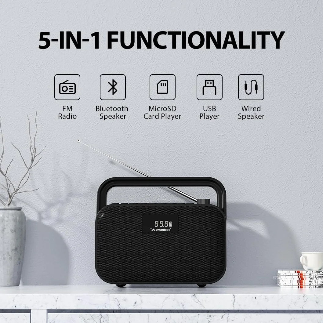 Avantree PowerByte - Radio FM Portátil Digital y Altavoz Bluetooth con Lector de Tarjetas SD, 30W de Potencia, Batería Recargable de 20 Horas, Lector de Memoria USB y Función con Cable