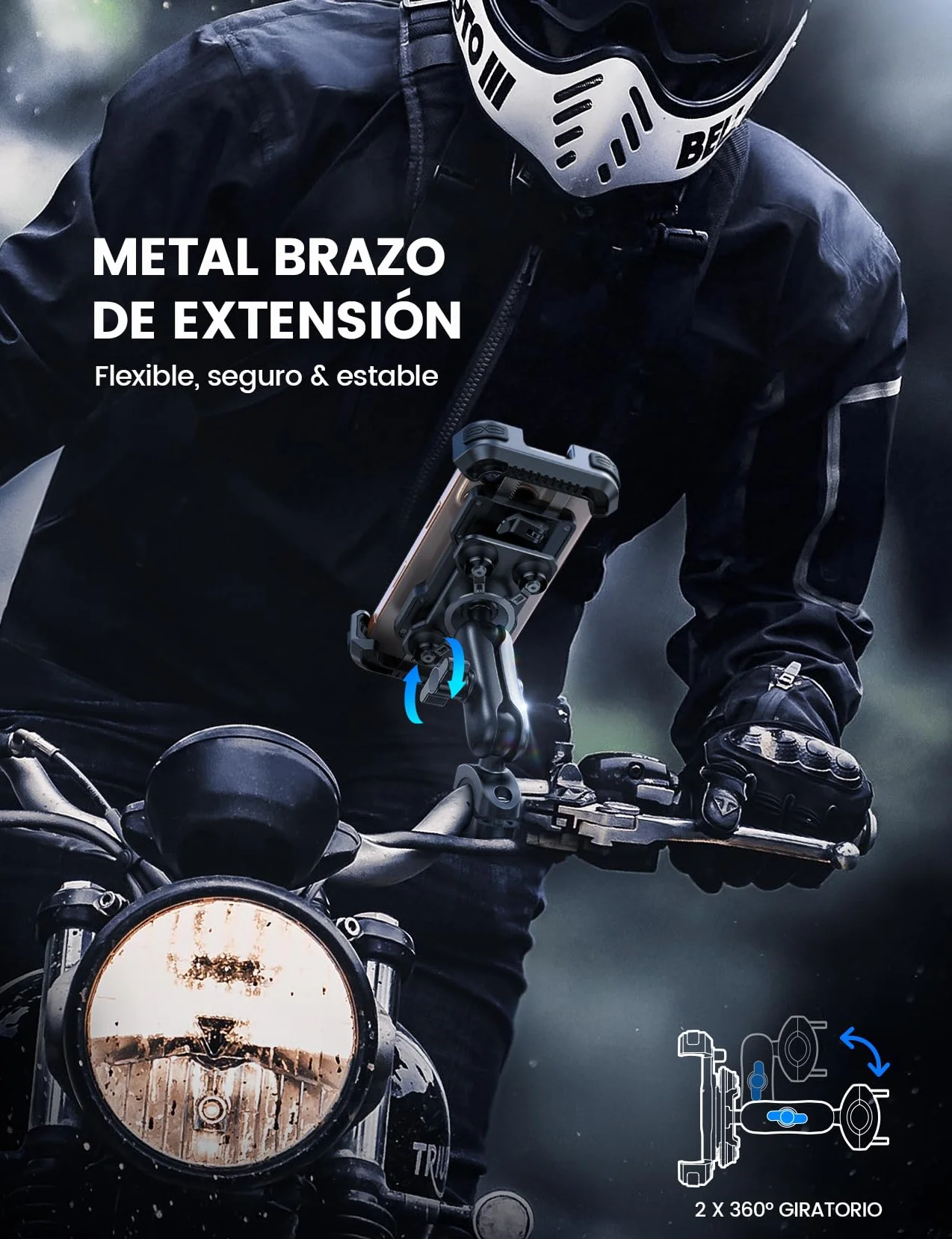 Lamicall Soporte Móvil Moto Doble Antivibración Brazo Extensible Metálico Antirrobo 360° Giratorio para iPhone 17 16 15 4,7-6,7"