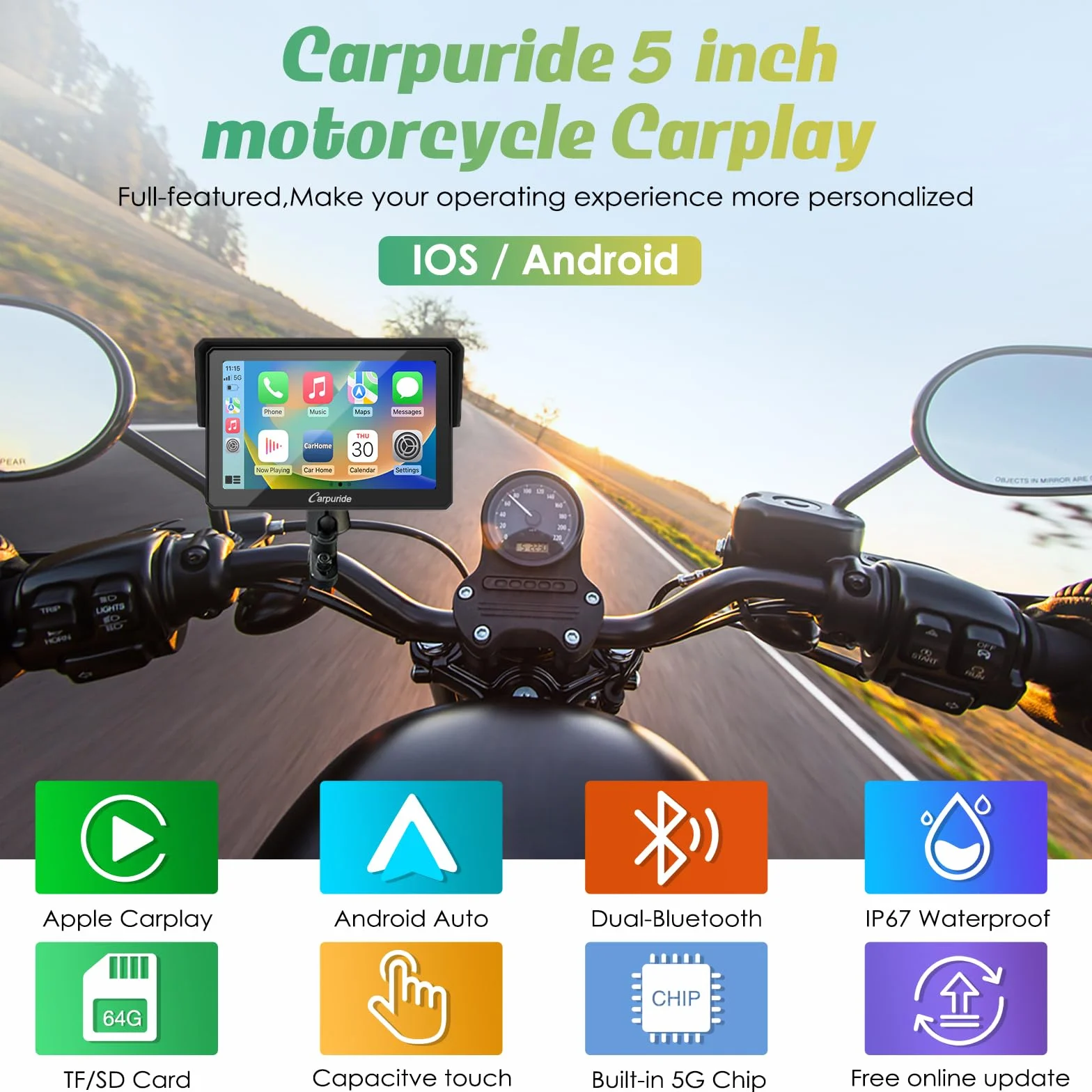 Carpuride W502 Estéreo Portátil Inalámbrico para Motocicleta IP67 Pantalla Táctil 5 Pulgadas GPS