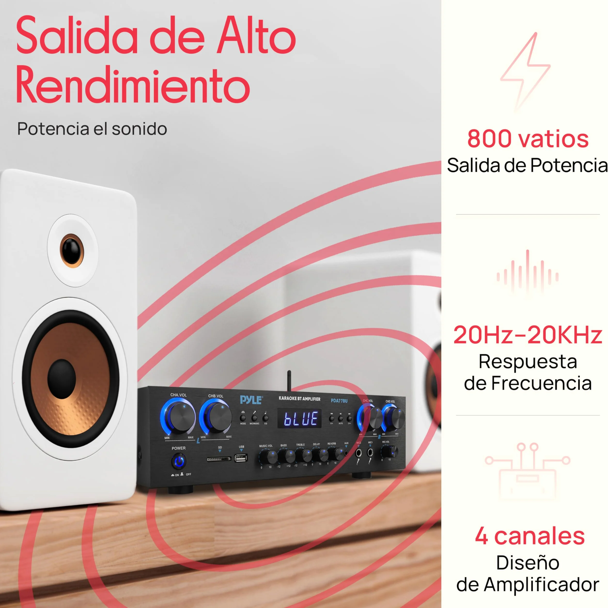 Pyle Amplificador de Sonido, Cine en casa, 800W, Bluetooth, Estereo, para el hogar, 4 Canales, con MP3/USB/SD/AUX/RCA/FM, Microfono, Auriculares, Volumen LED