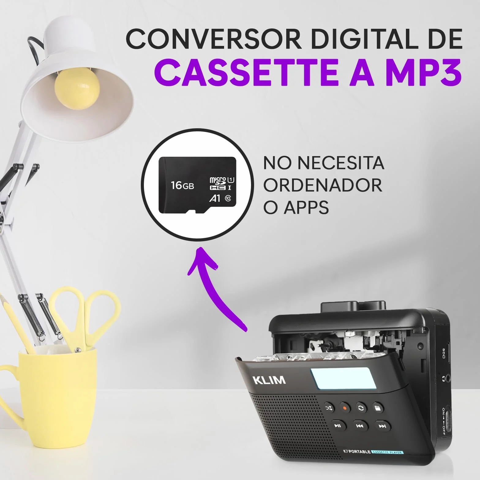 KLIM K7 Reproductor Cassette a MP3 Portátil con Micrófono y Altavoz Integrados Batería Recargable Negro