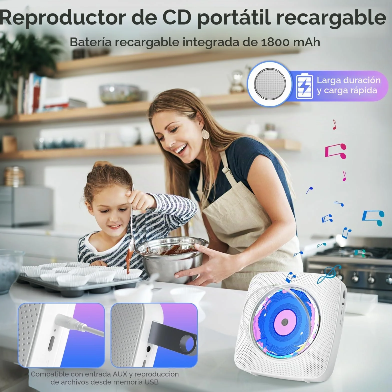 Reproductor de CD Portatil: Kegaudio Reproductor CD Bluetooth con Altavoces Mando a Distancia Bluetooth sobremesa montado en la Pared con Soporte Reproducción USB/AUX Blanco