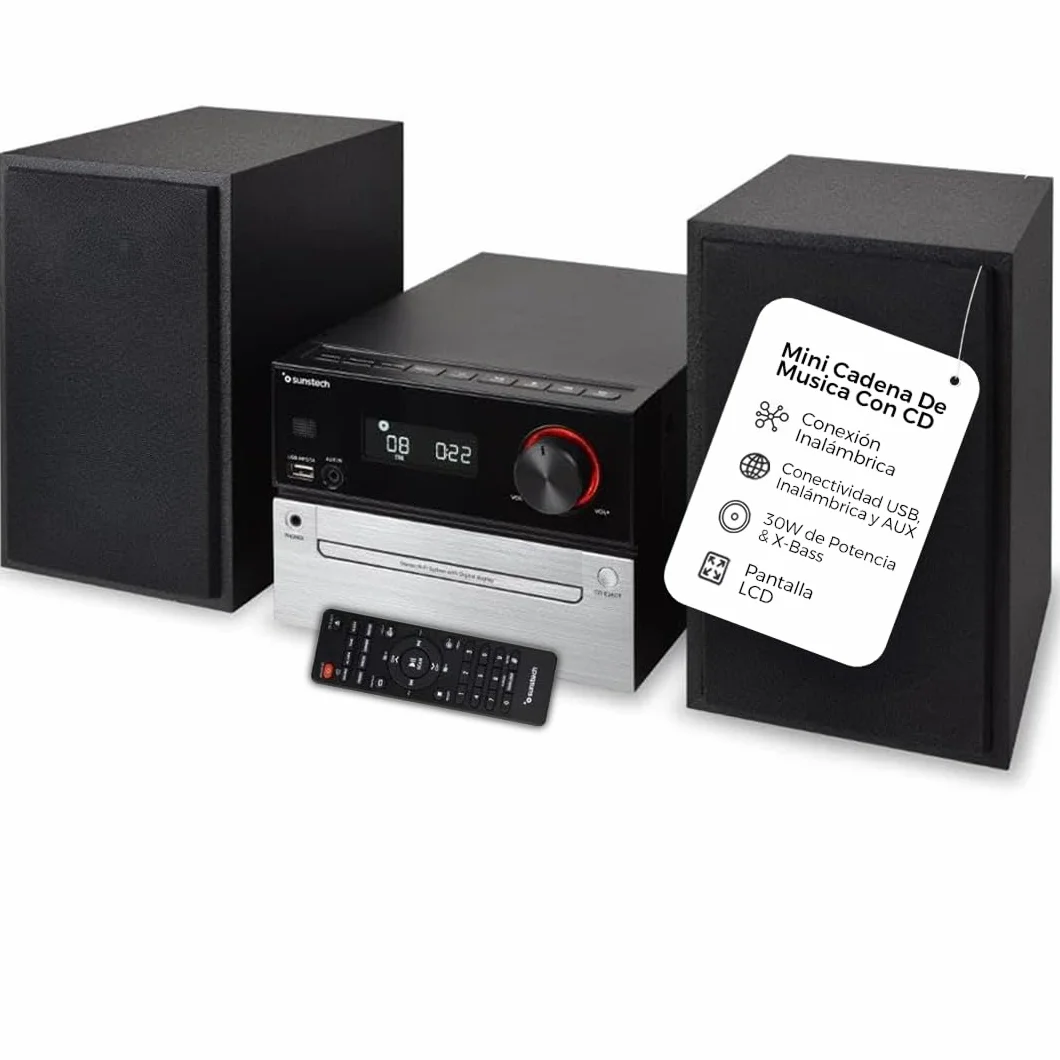 Sunstech Sistema Hi-Fi con conexión inalámbrica 5.3 + EDR | Microcadena con 30 W de Potencia, Reproductor CD/CD-R/MP3, Radio FM con 40 presintonías, Puerto USB y Entrada AUX-IN 3.5 mm