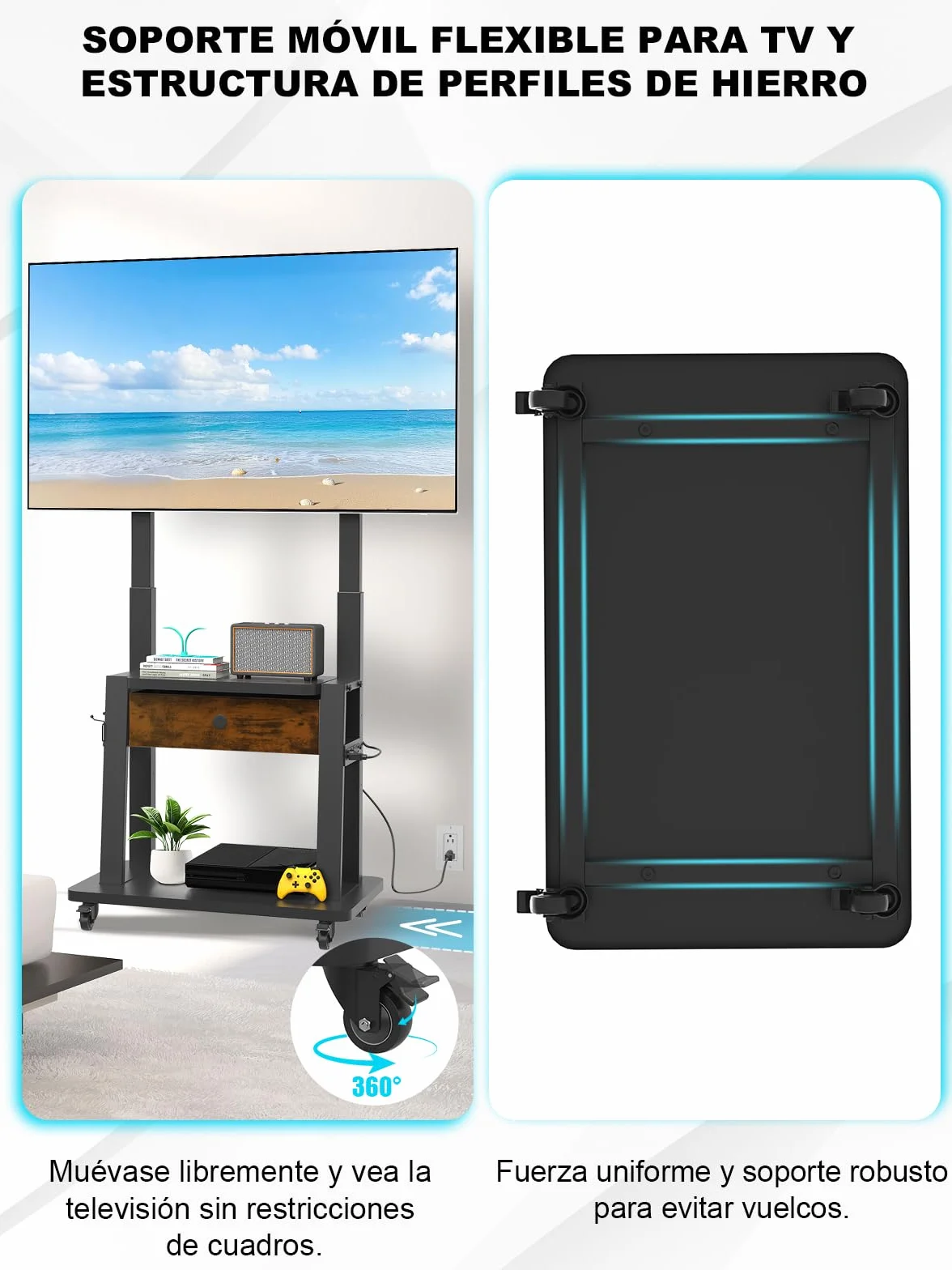 Soporte de TV rodante con toma de corriente y cajón de tela para visualización plana/curvada de 32-75 pulgadas de hasta 200 libras, LCD/LED/OLED, altura ajustable, carrito de TV móvil con ruedas, para