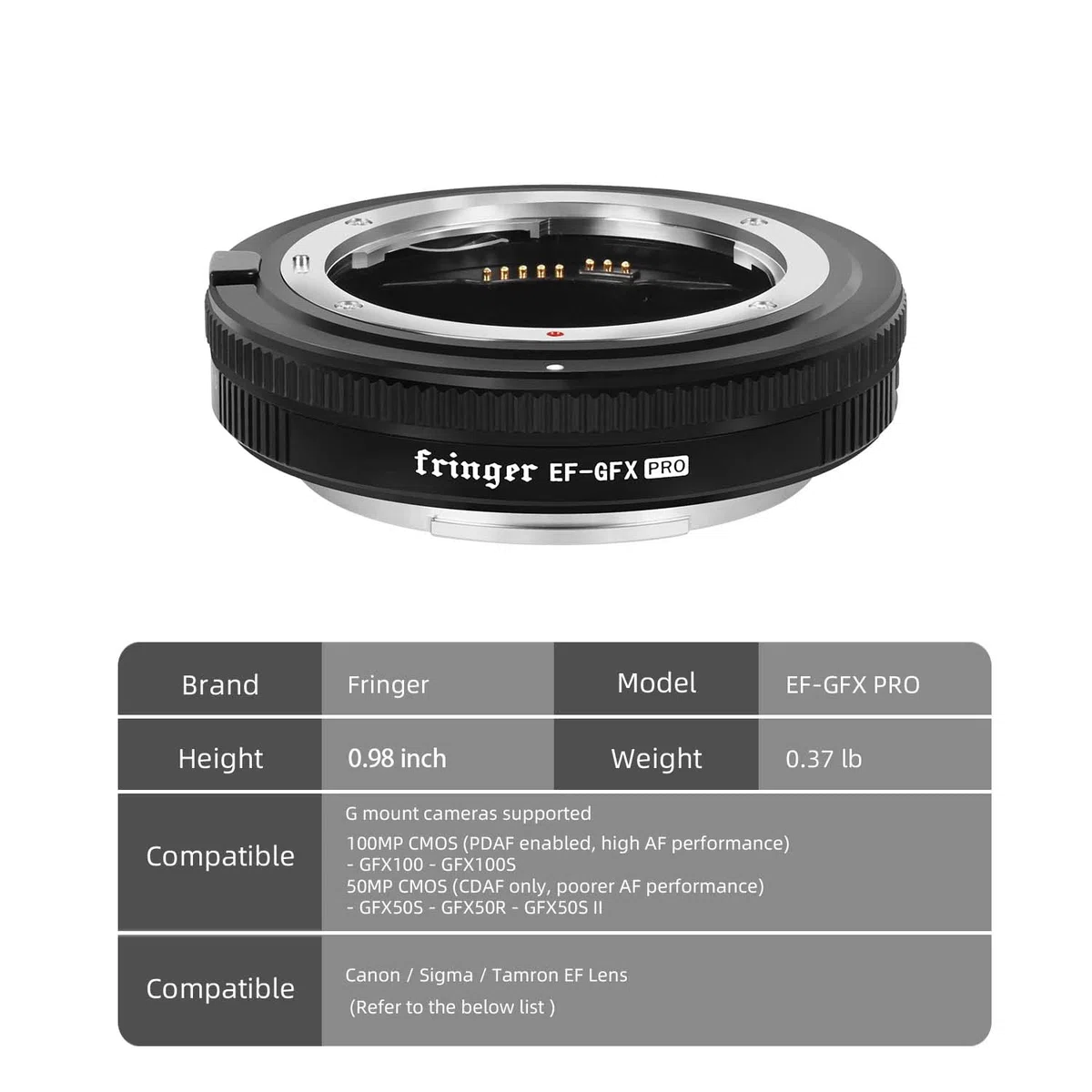 Fringer EF-GFX Pro Soporte de cámara de enfoque automático, anillo adaptador de lente Compatible con lentes Canon EF a Fuji GFX100/ GFX100S, Sigma, Tamron EF