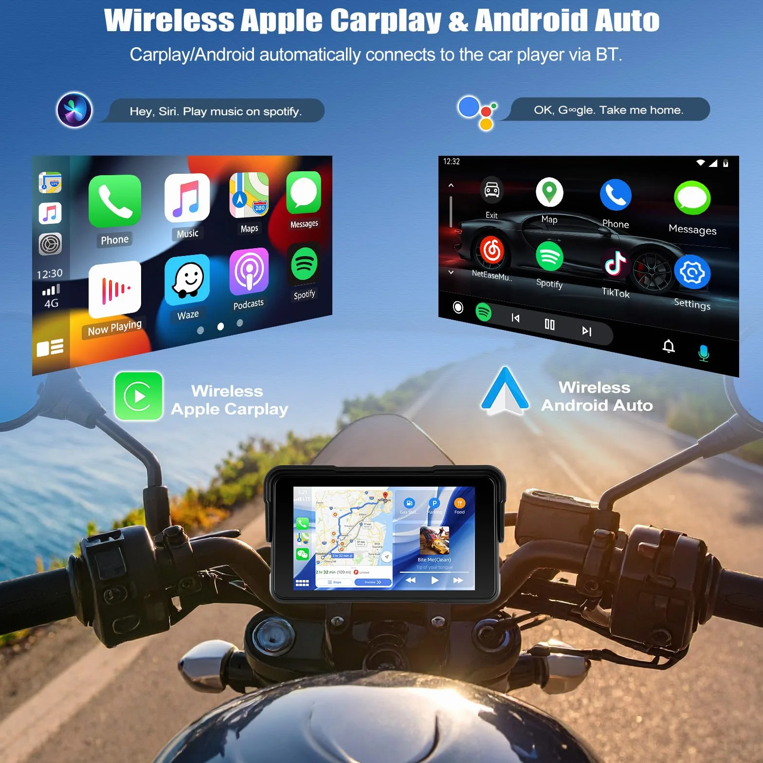 CAMECHO navegador Moto con Wireless CarPlay/Android Auto, Pantalla carplay Moto 5" HD IP68 Impermeable para Motocicletas con Car Play/Bluetooth/detección de presión