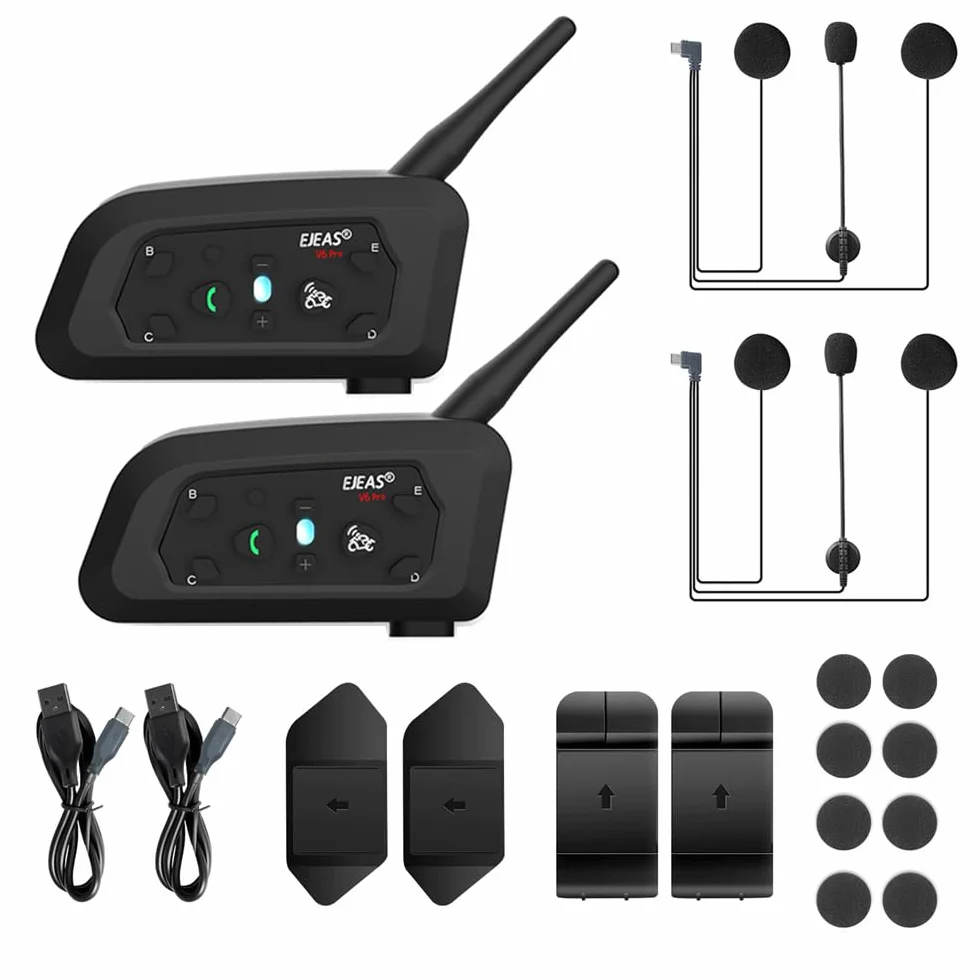 EJEAS V6 Pro+ BT Interphone 1200M Bluetooth Casco Intercom Auriculares con Control Avanzado de Ruido para 6 Riders (2 Pieza)