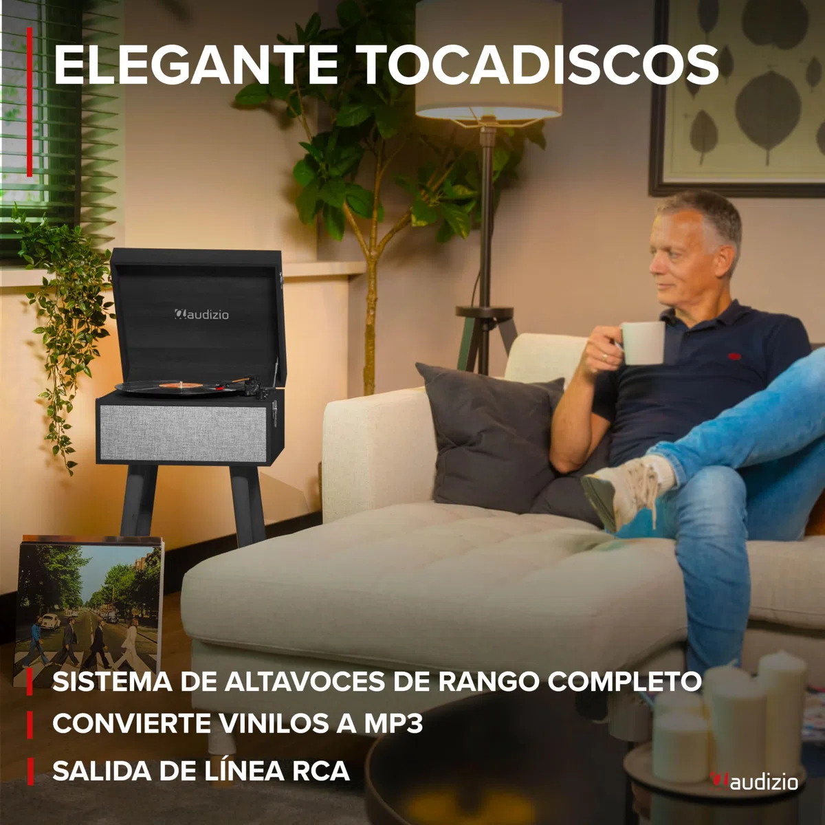 Audizio Fremont - Tocadiscos Retro con Patas de Madera, Bluetooth bidireccional, USB para digitalizar vinilos, Altavoces estéreo, RCA, 3 velocidades, Entrada AUX y Salida de Auriculares Color Negro