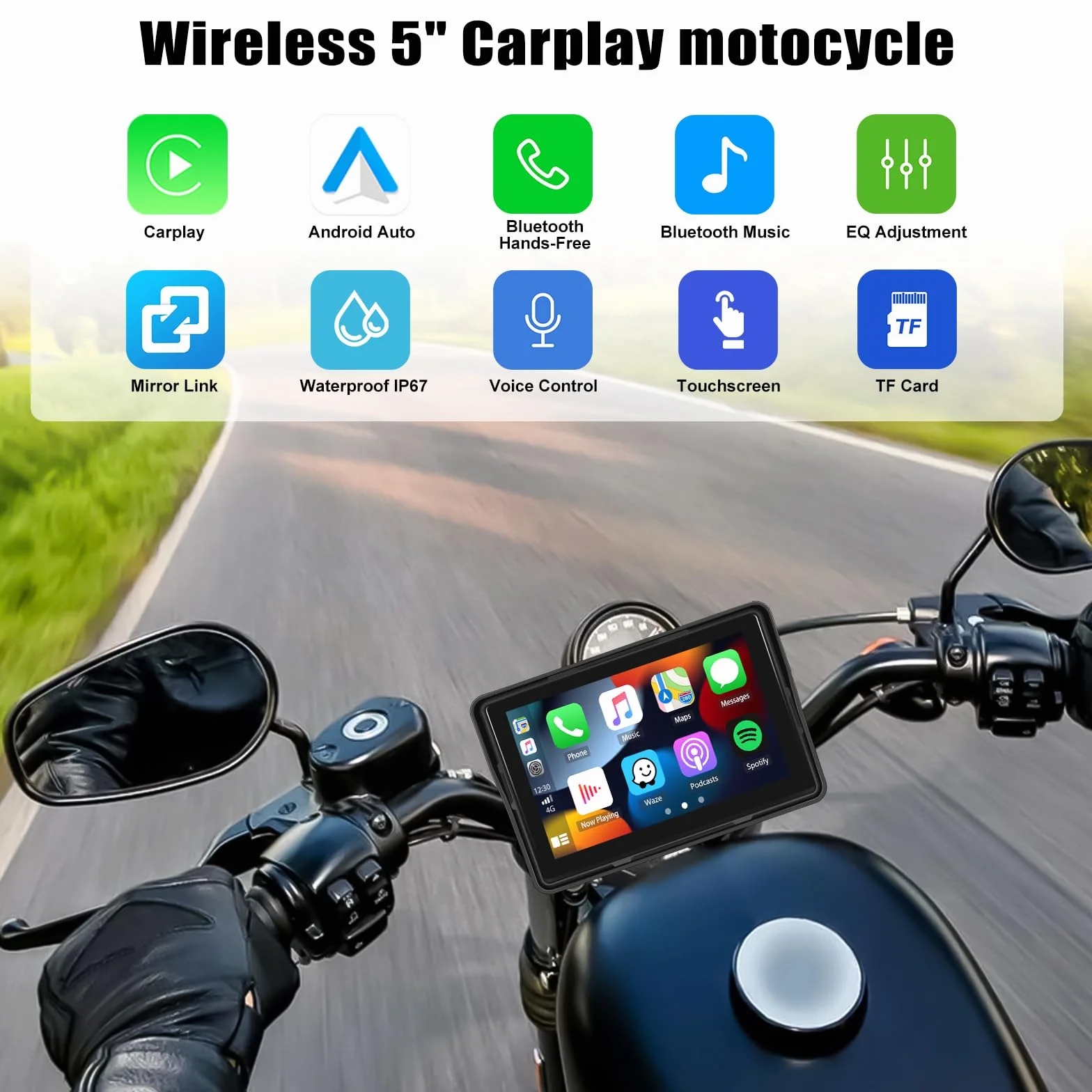 CAMECHO Carplay Moto Navi Display 5 Pulgadas HD Pantalla Táctil Impermeable Motocicleta Navegación Wireless Android Auto Bluetooth GPS