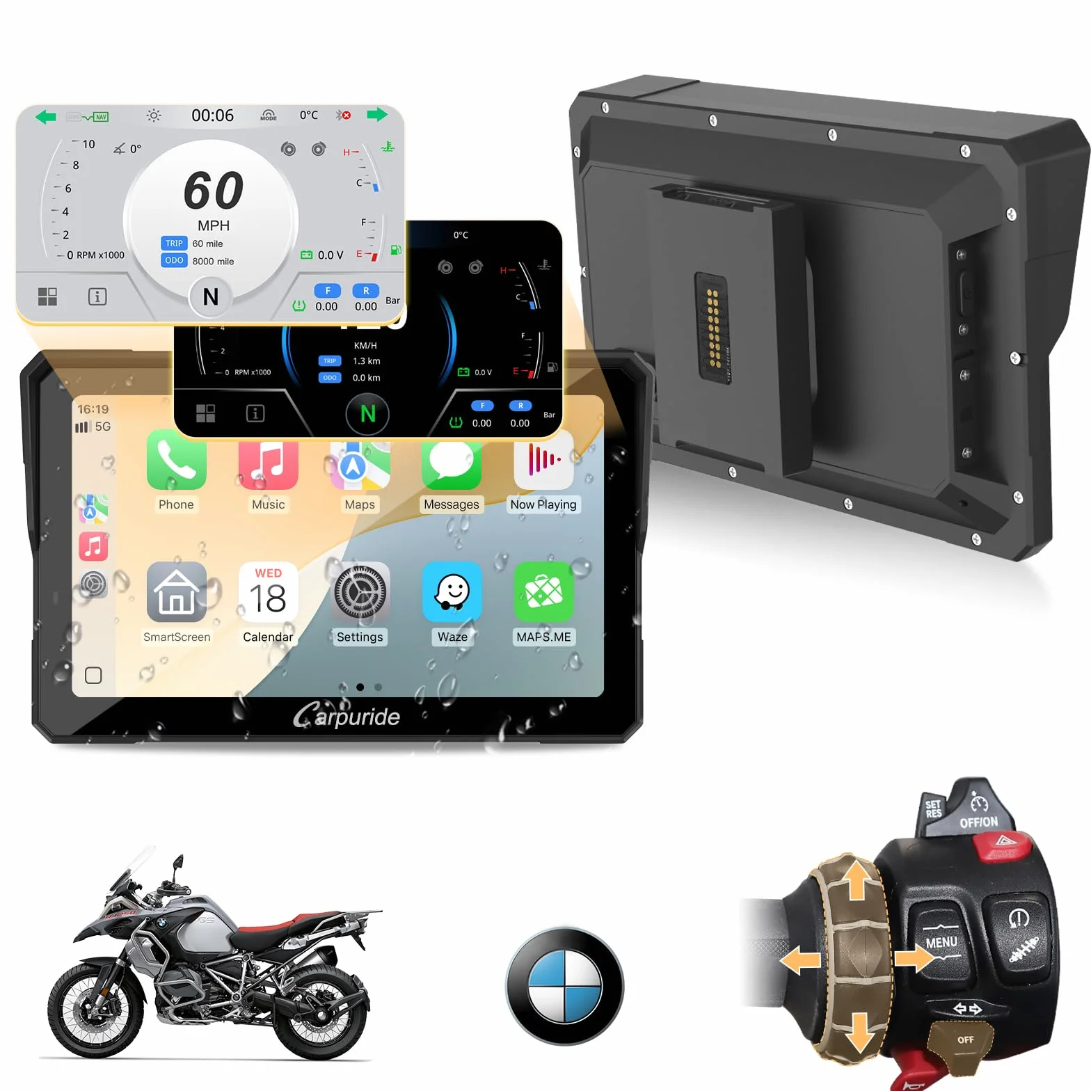 Carpuride W702BS Pro Motocicleta Carplay Pantalla 7" Impermeable táctil Inalámbrico CarPlay Android Auto Dual Bluetooth Intercomunicador
