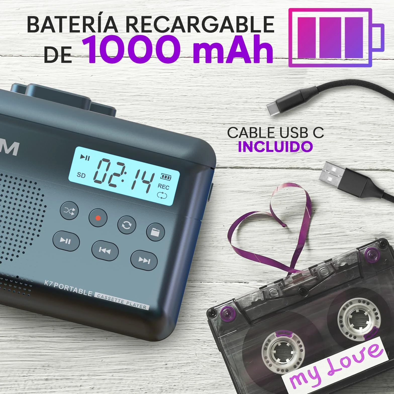 KLIM K7 Reproductor Cassette MP3 Portátil Micrófono Altavoz Batería Recargable Auriculares Tarjeta SD 16 GB Azul