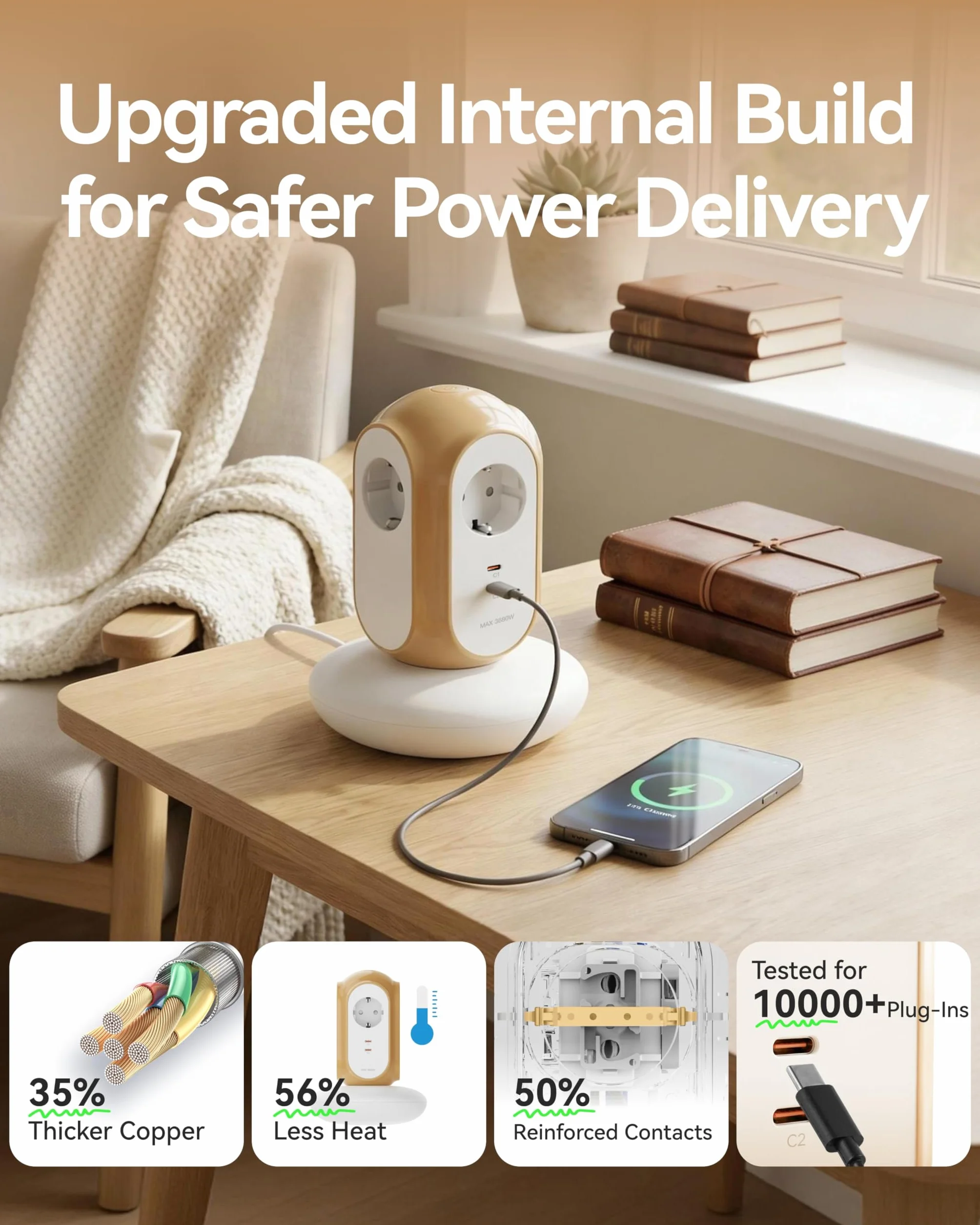 MiaoLab Regleta Eléctrica en Torre con 3 Tomas AC y 2 USB-C (Carga Rápida 30W), 3680W/16A, Protección contra Sobretensiones 1420J, Cable de Extensión 2 m, Protección contra Sobreca (Beige Toscano)