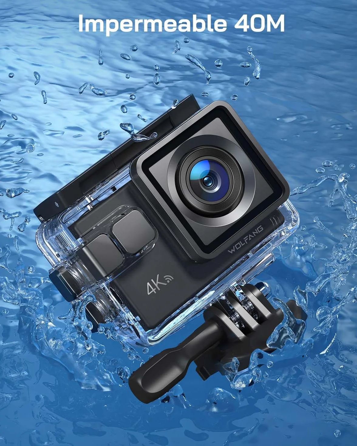 WOLFANG Cámara Deportiva 4K 30FPS GA100 32GB MicroSD 20MP Impermeable 40M WiFi Micrófono Dual 170° Gran Angular EIS