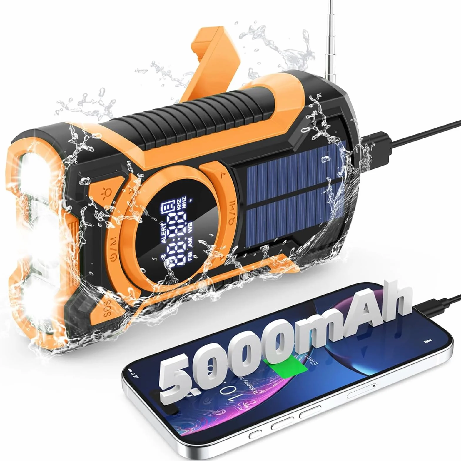 Cargador Solar para Movil, FM/Am Radio Portátil de Emergencia con Manivela y 5000mAh Powerbank y Altavoz Bluetooth Linterna LED y SOS Alarma IPX5 Impermeable Pare Radio de Camping al Aire Libre