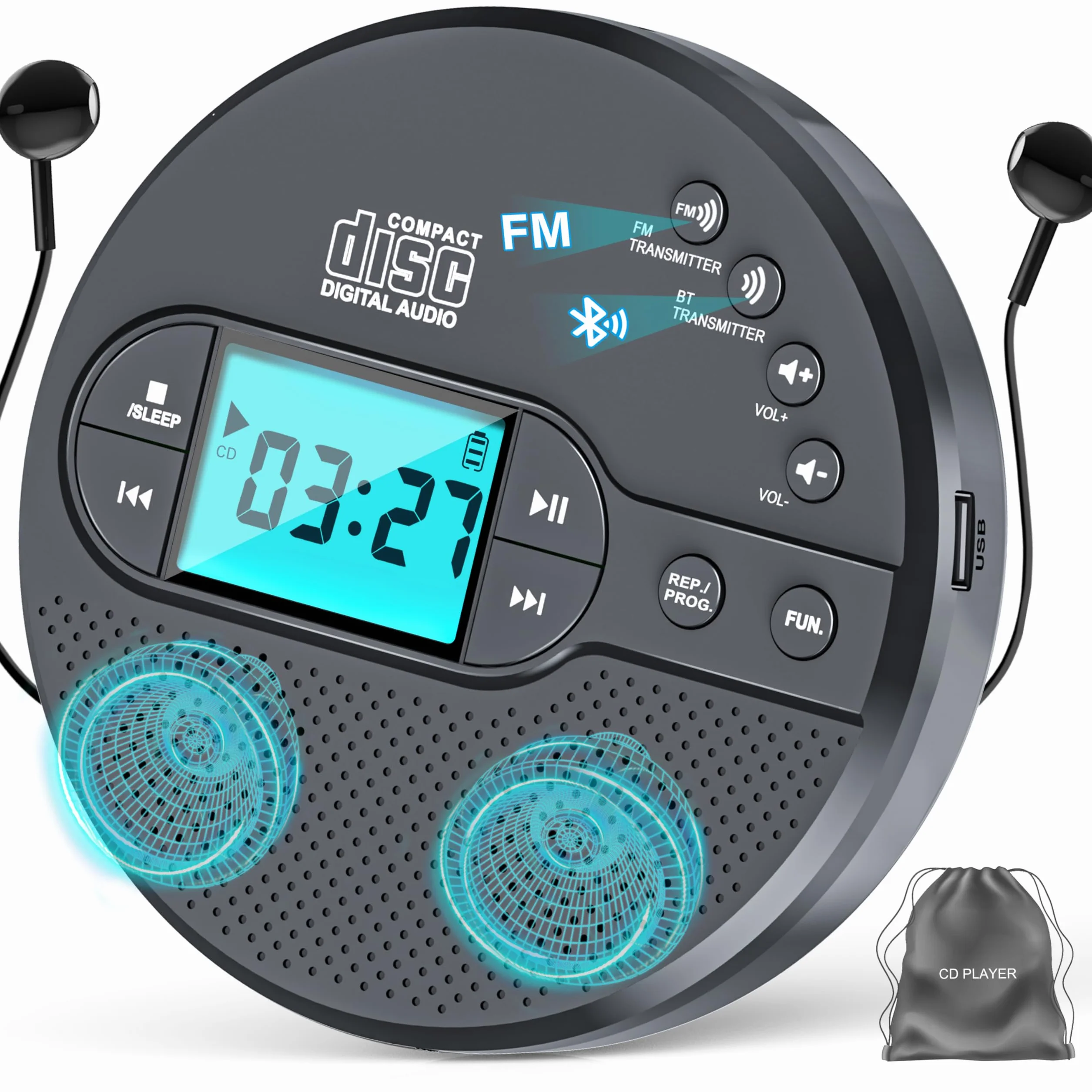Reproductor de CD con transmisor FM Bluetooth, pantalla LCD, 2000 mAh recargable, gris claro