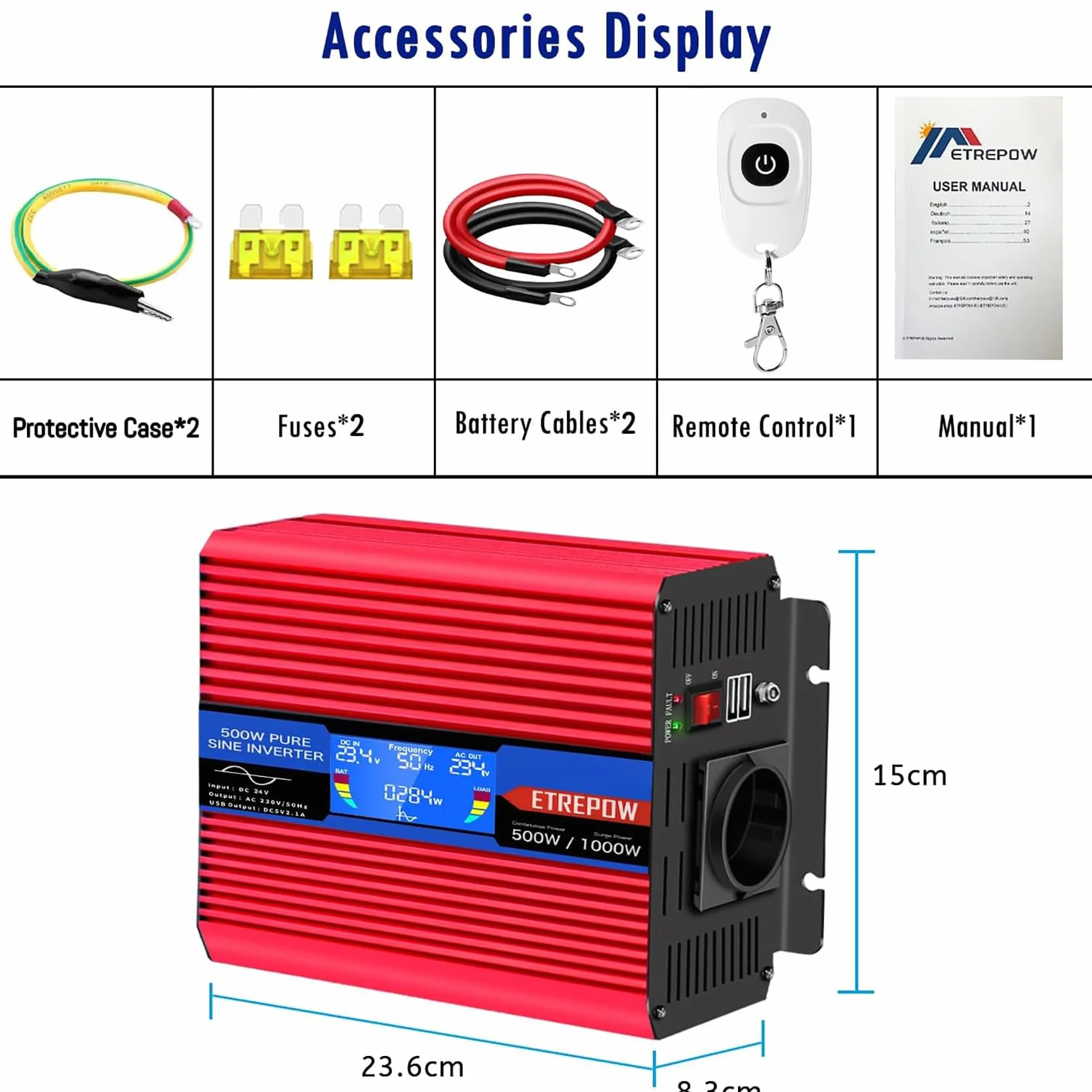 Inversor 12v 220v Onda Pura 500w/1000w Convertidor de Voltaje con 2 USB, Control Remoto Inalámbrico, Pantalla LCD Adecuado para Sistema Solar, Coche, Camping，caravanas