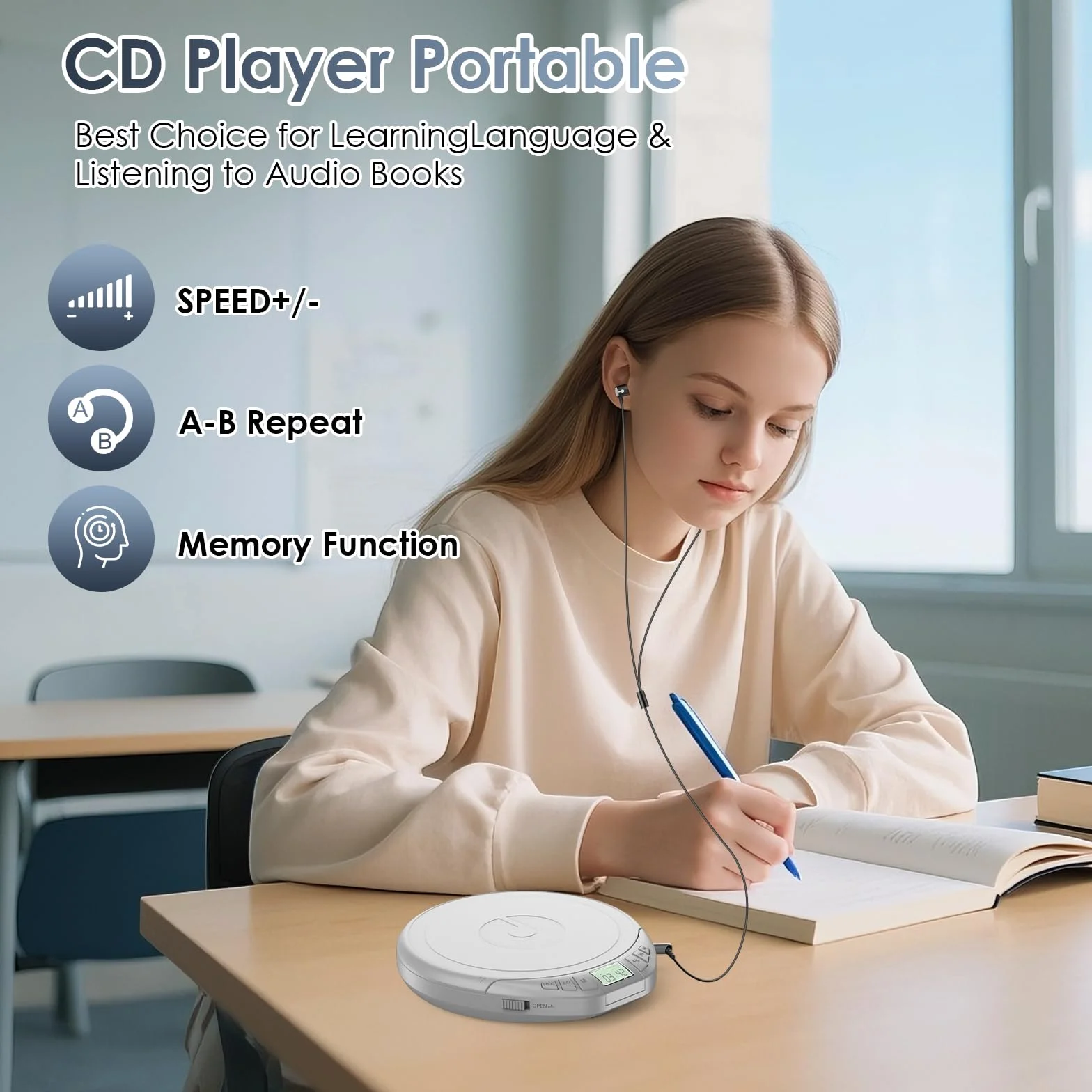 Gueray Reproductor de CD HiFi Portátil con Pantalla LCD, Función Memoria, Repetición, Efecto Sonoro Plateado