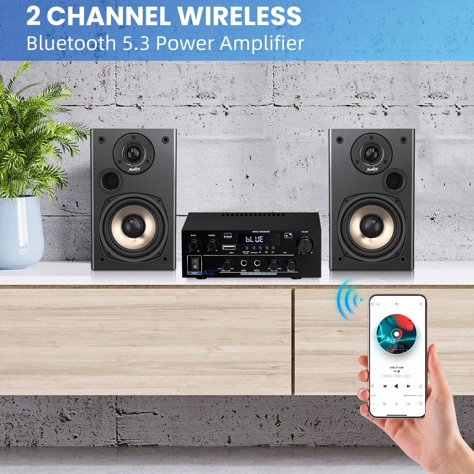 2 Canales Amplificador, 1000W Audio Estéreo, Bluetooth 5.3 Mini Hi-Fi Amp, para Dos 50W x2 Altavoces de Unas 8 Pulgadas, Bass/Treble/AUX/FM/MIC/USB, para TV, para el hogar o tu Coche (AK55)