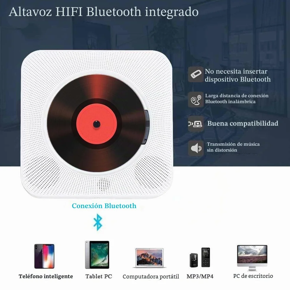 Reproductor de CD Portátil Bluetooth Reproductor CD de Escritorio Multifunctional Musical CD Player con Mando a Distancia Integrado en los Altavoces para HiFi de Casa Audio Boombox (Blanco)