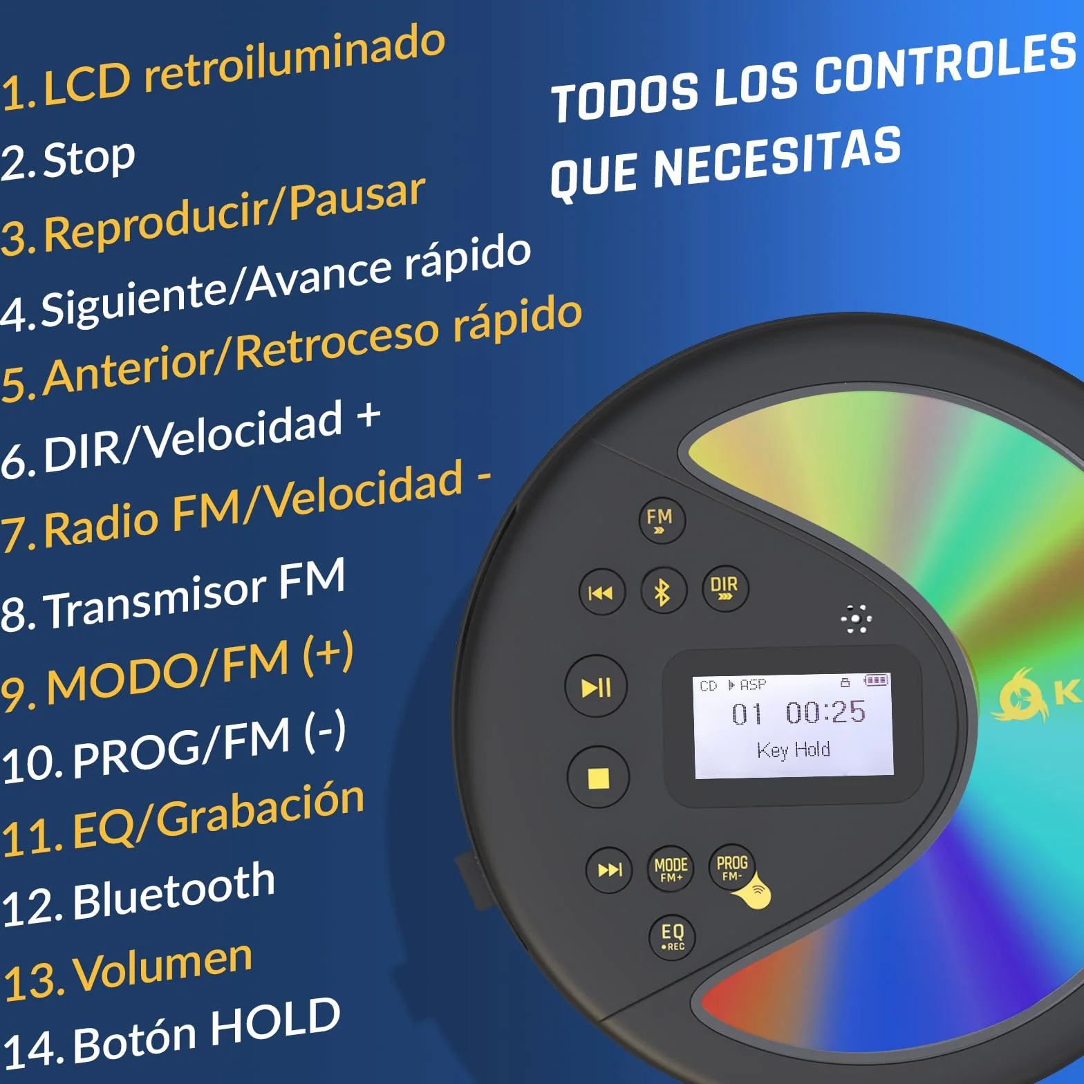Klim Discover Reproductor CD Portátil Discman Radio FM Bluetooth MP3 SD Batería Larga Negro/Dorado